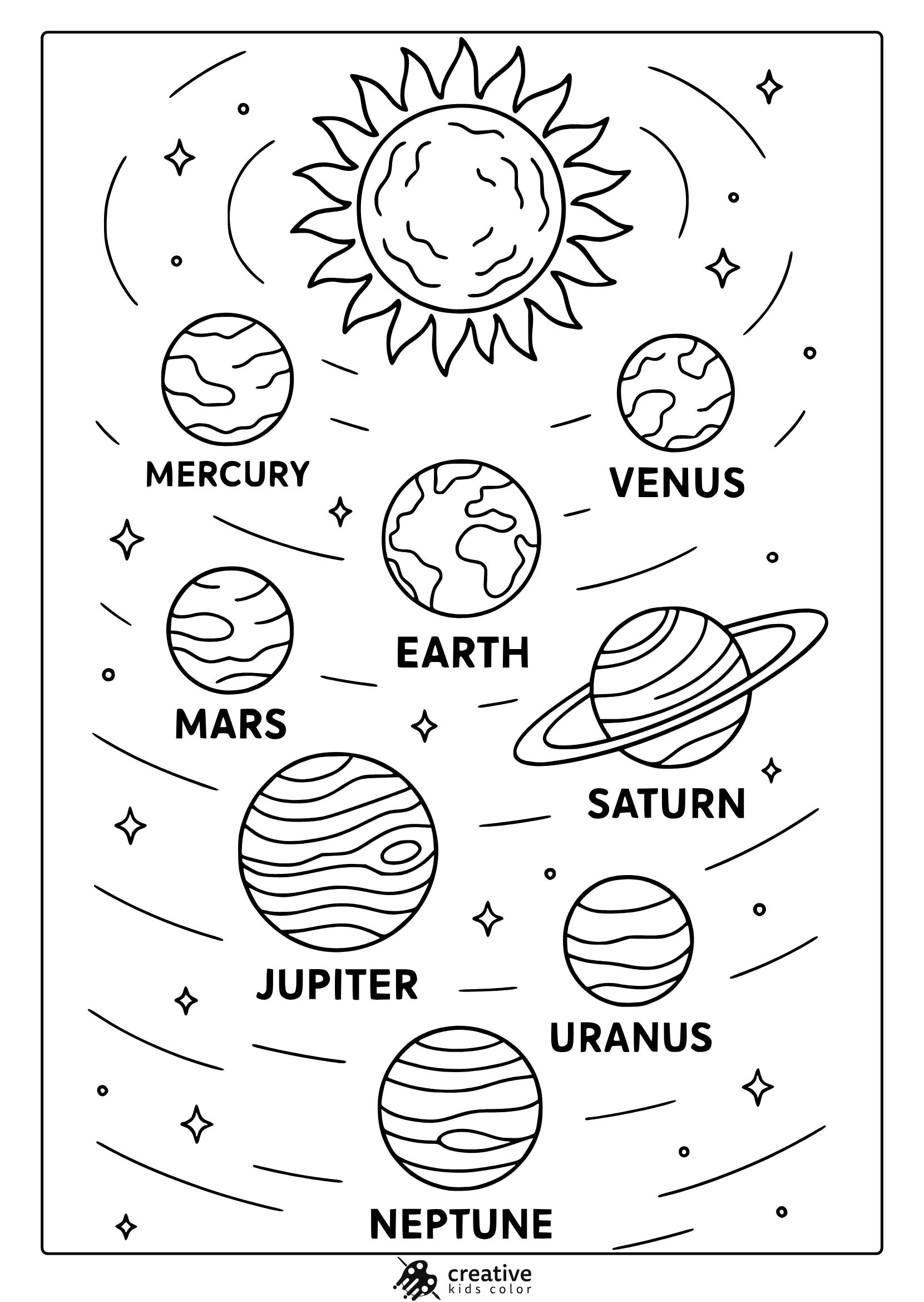 Labeled solar system with sun and planets. Full educational solar system coloring page with clear black outlines.