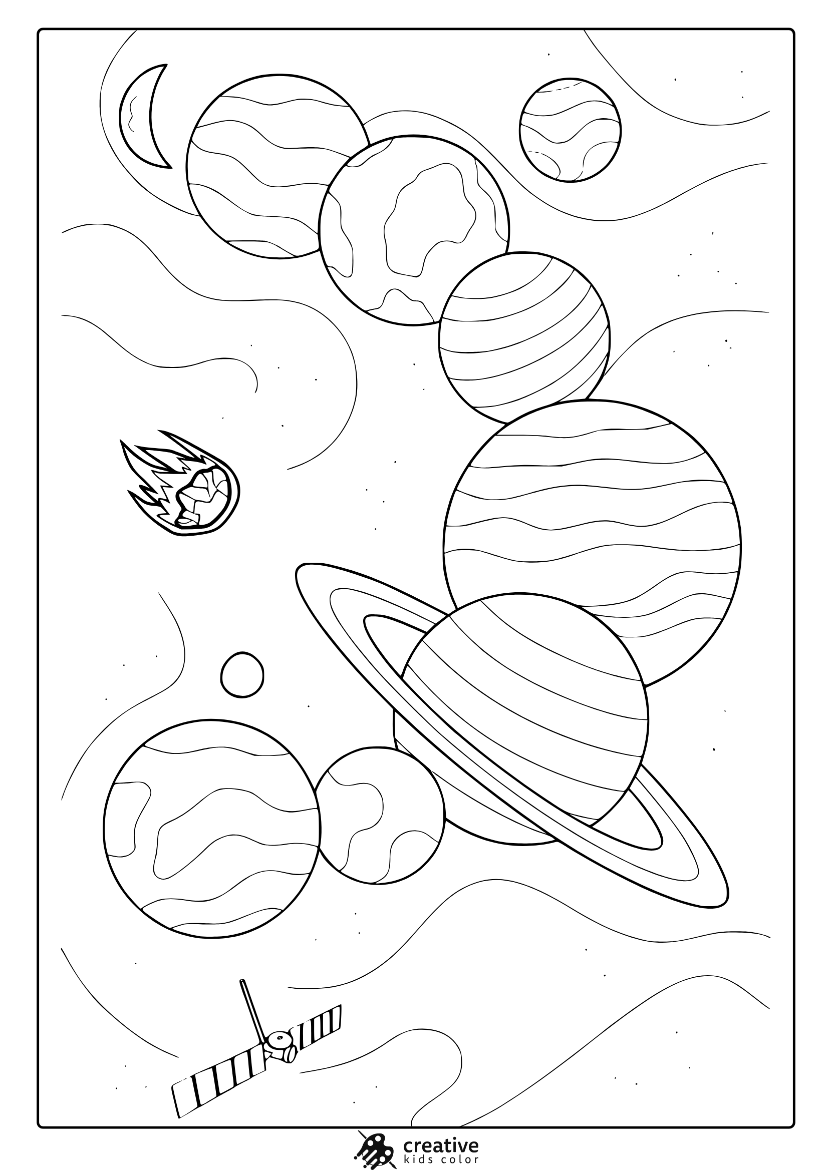 Planets Moons Meteor And Satellite In Space. Realistic And Detailed Space Planets Coloring Page For Kids.