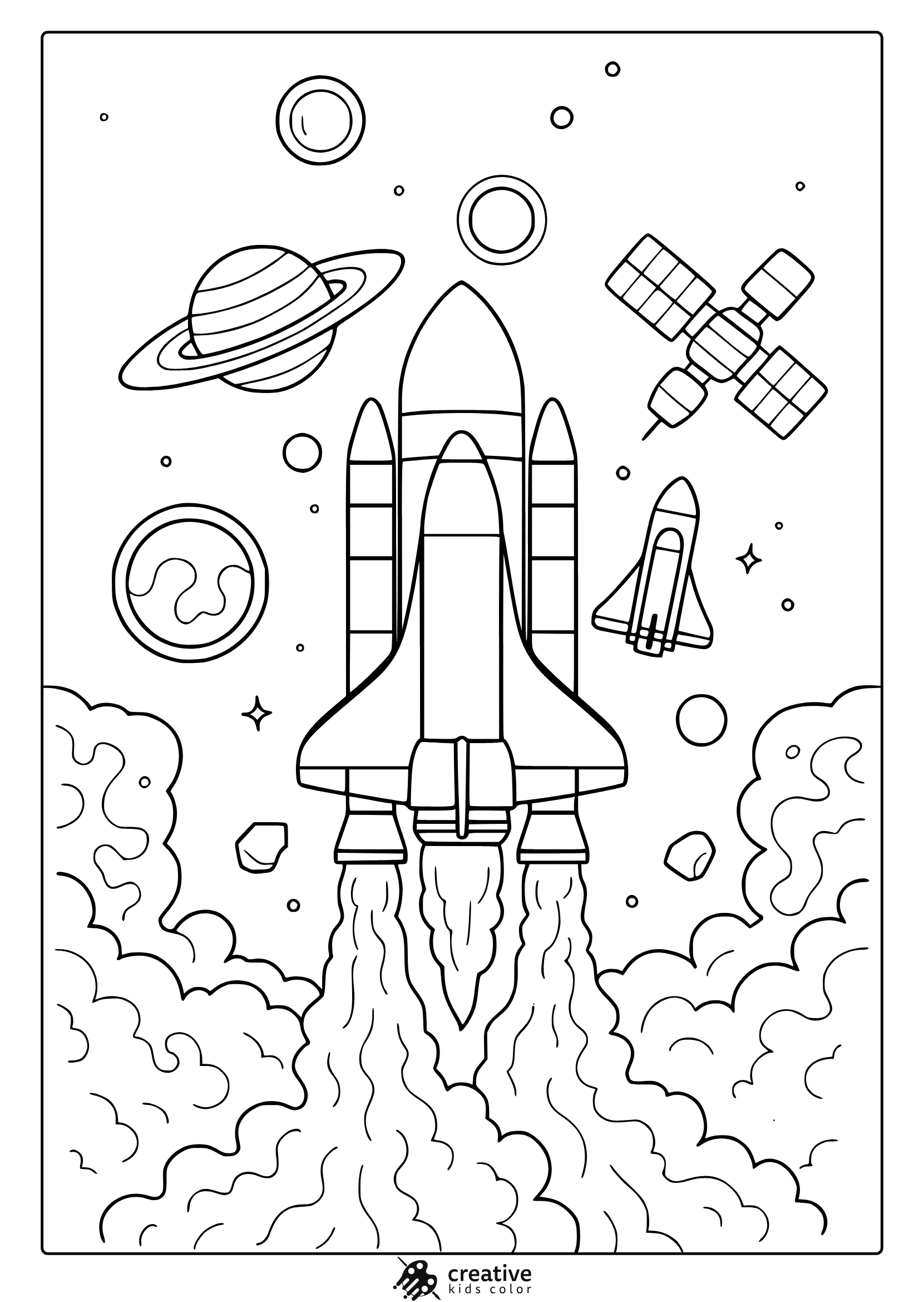 Rocket Launch With Stars Moons And Planets. Exciting Space Rocket Coloring Page Full Of Movement And Detail.