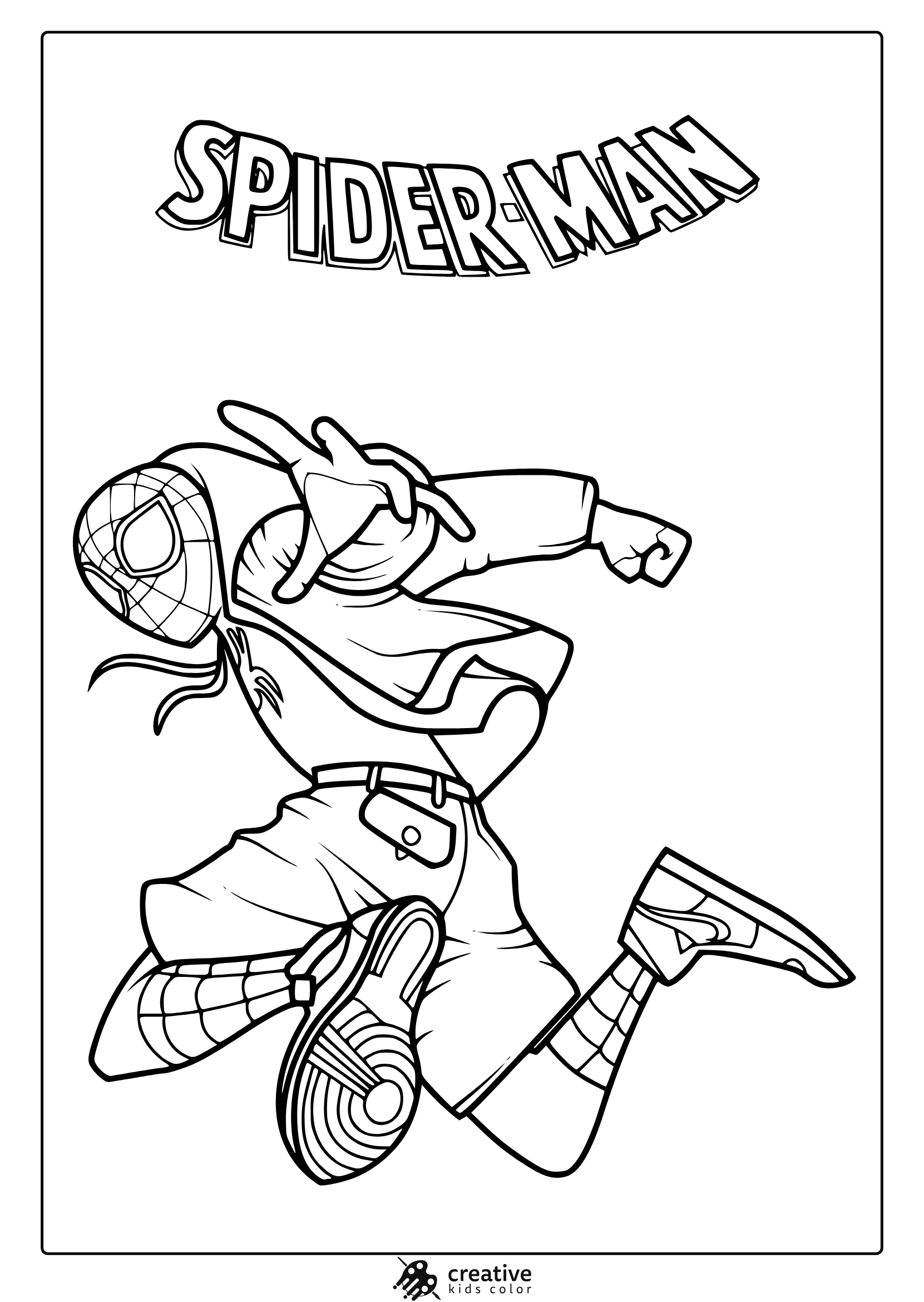 Spider-Verse Coloring Page With Jumping Spider-Man In Casual Outfit And Web Design.