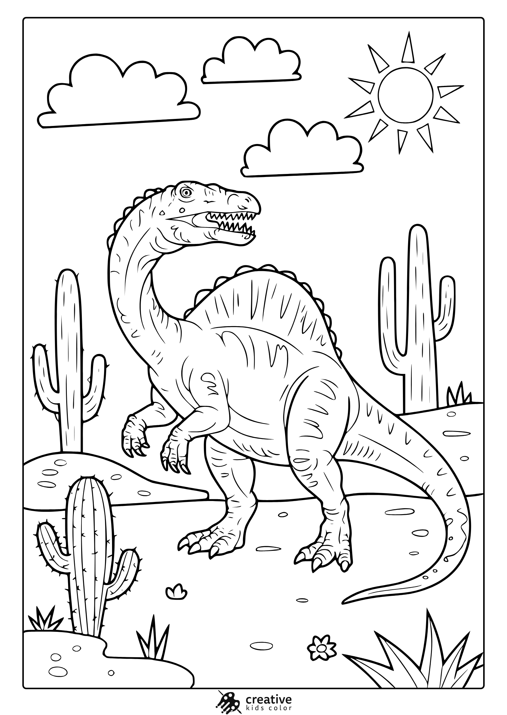 A Spinosaurus In A Desert Scene With Cacti Is Shown In This Anatomically Detailed Dinosaur Coloring Page.