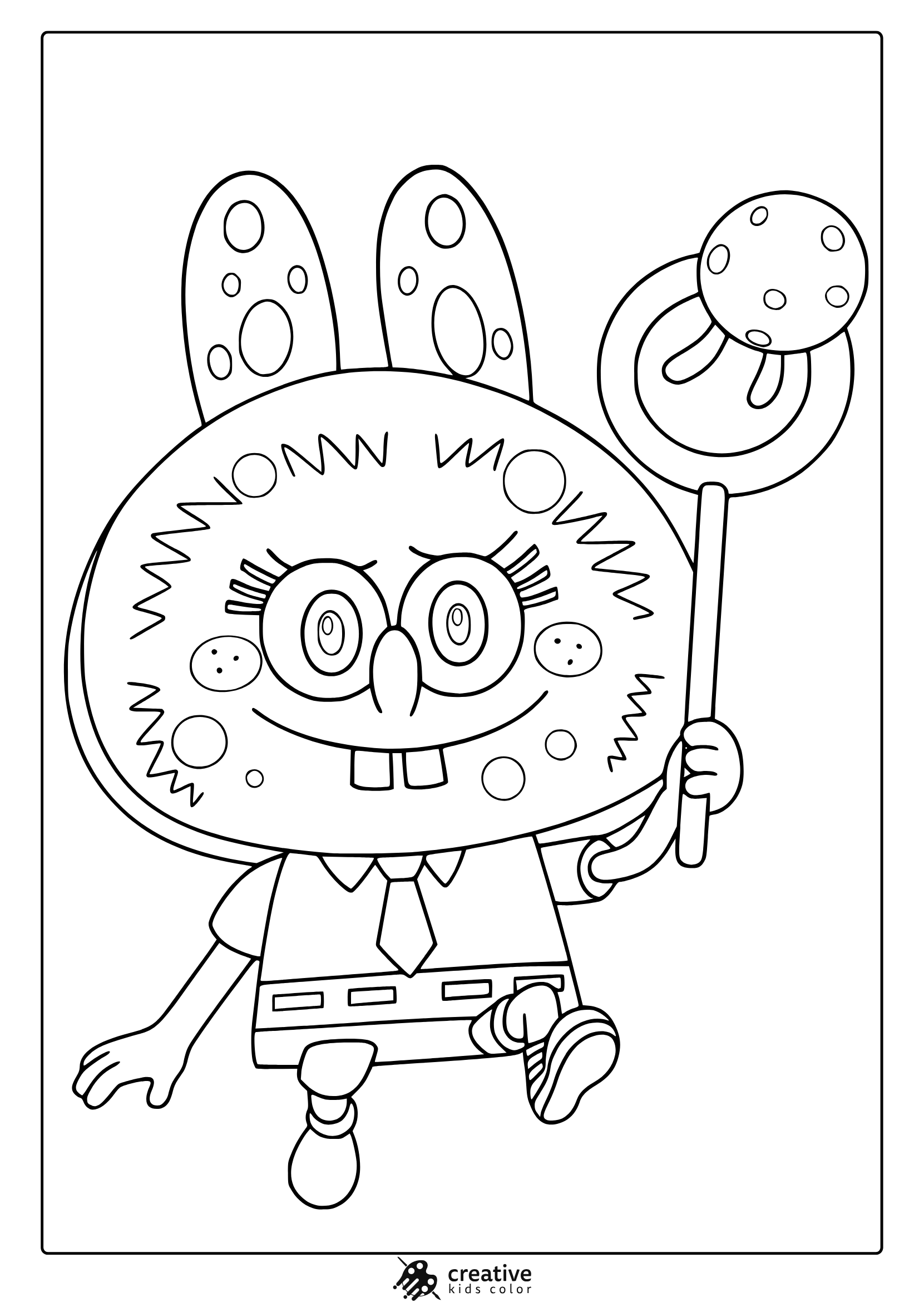 Spongebob-Inspired Labubu With Bunny Ears And Lollipop In A Quirky Coloring Page.