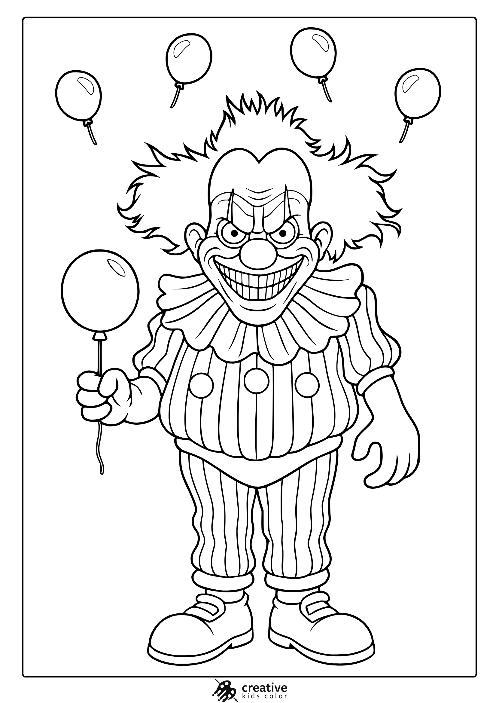 Spooky Halloween clown coloring page with scary harlequin clown, striped costume and floating balloons.