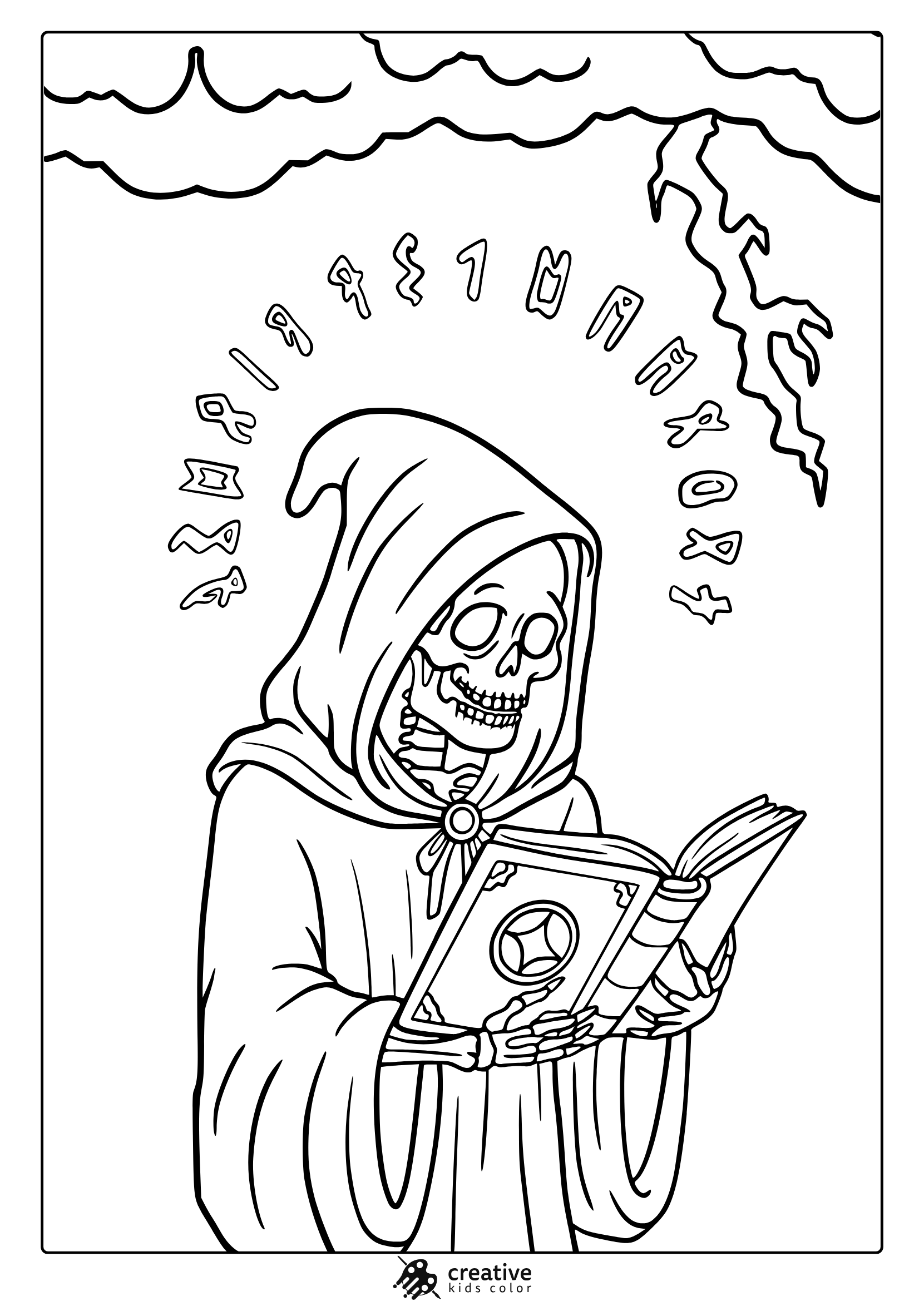 Spooky skeleton coloring page with cloaked skeleton, open book, lightning and mystical runes above.
