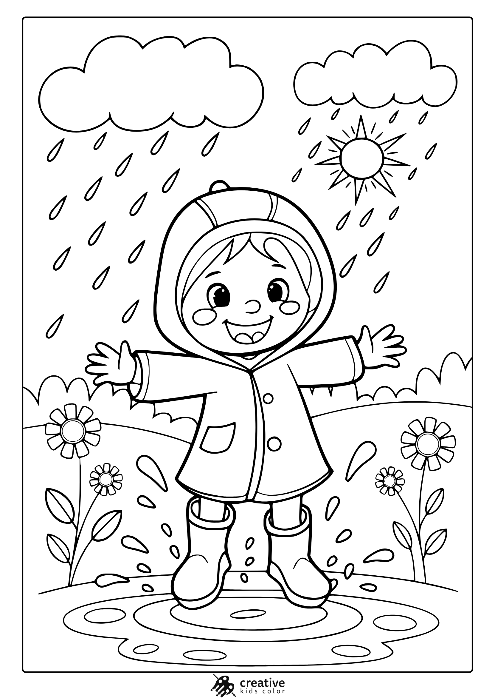 Spring Break Coloring Page With A Happy Child In A Raincoat Enjoying A Rainy Day, Ideal For A Fun Coloring Session.