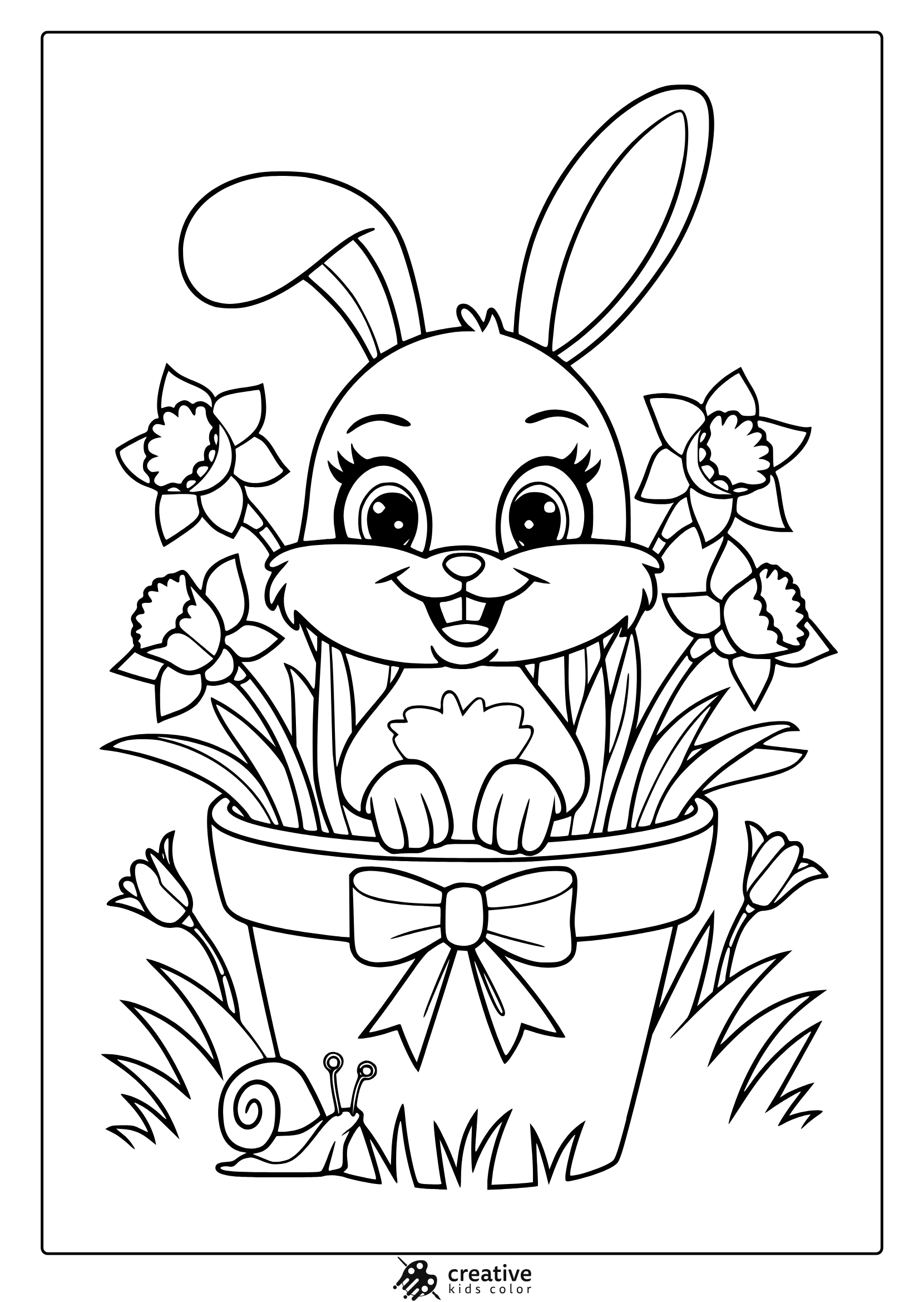 Spring Coloring Page With An Adorable Bunny Behind A Decorated Flower Pot, Ideal For Kids And Adults To Color.