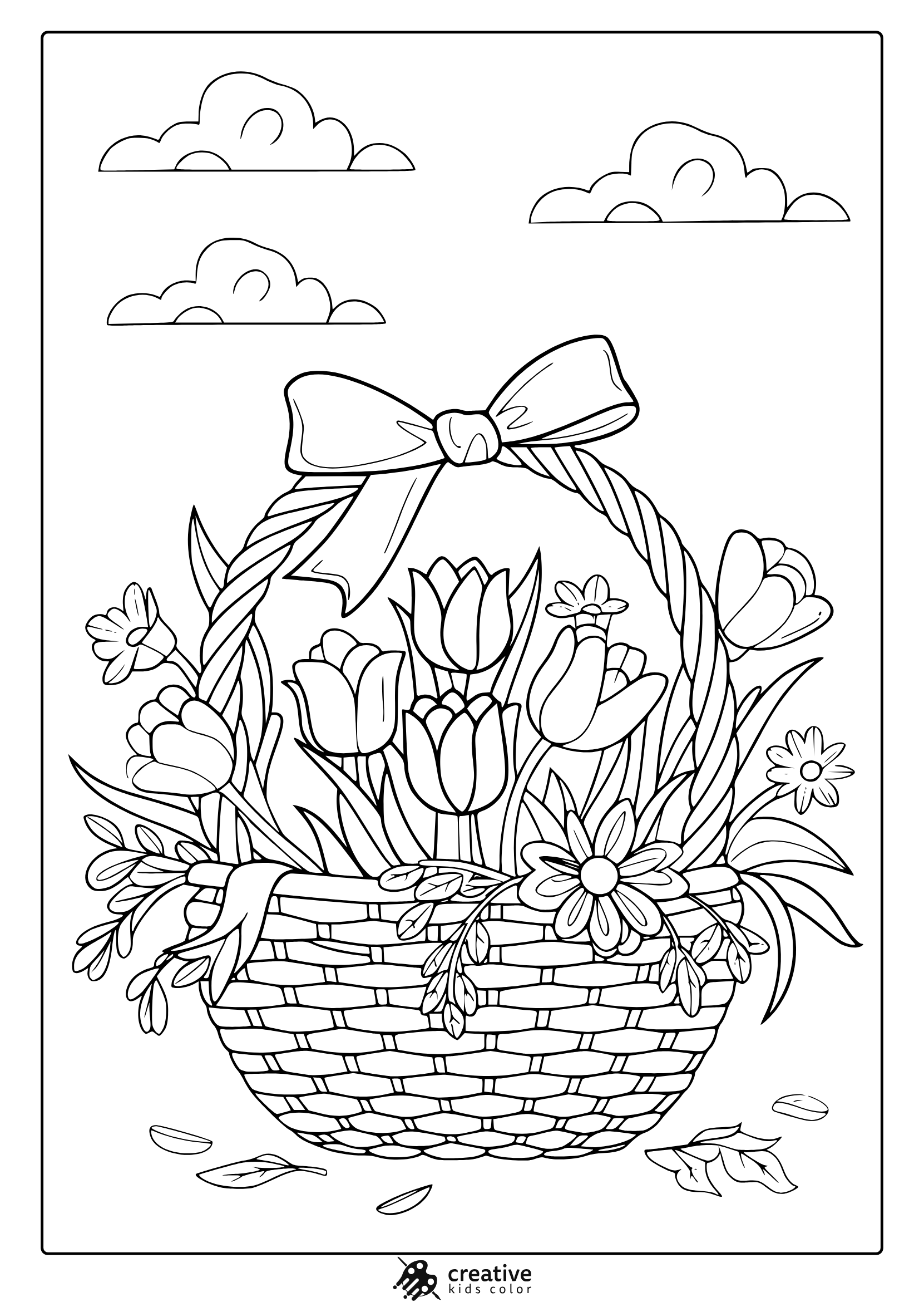 A Spring-Themed Coloring Page Featuring A Flower Basket With Tulips And A Bow, Great For Relaxing And Creative Coloring.