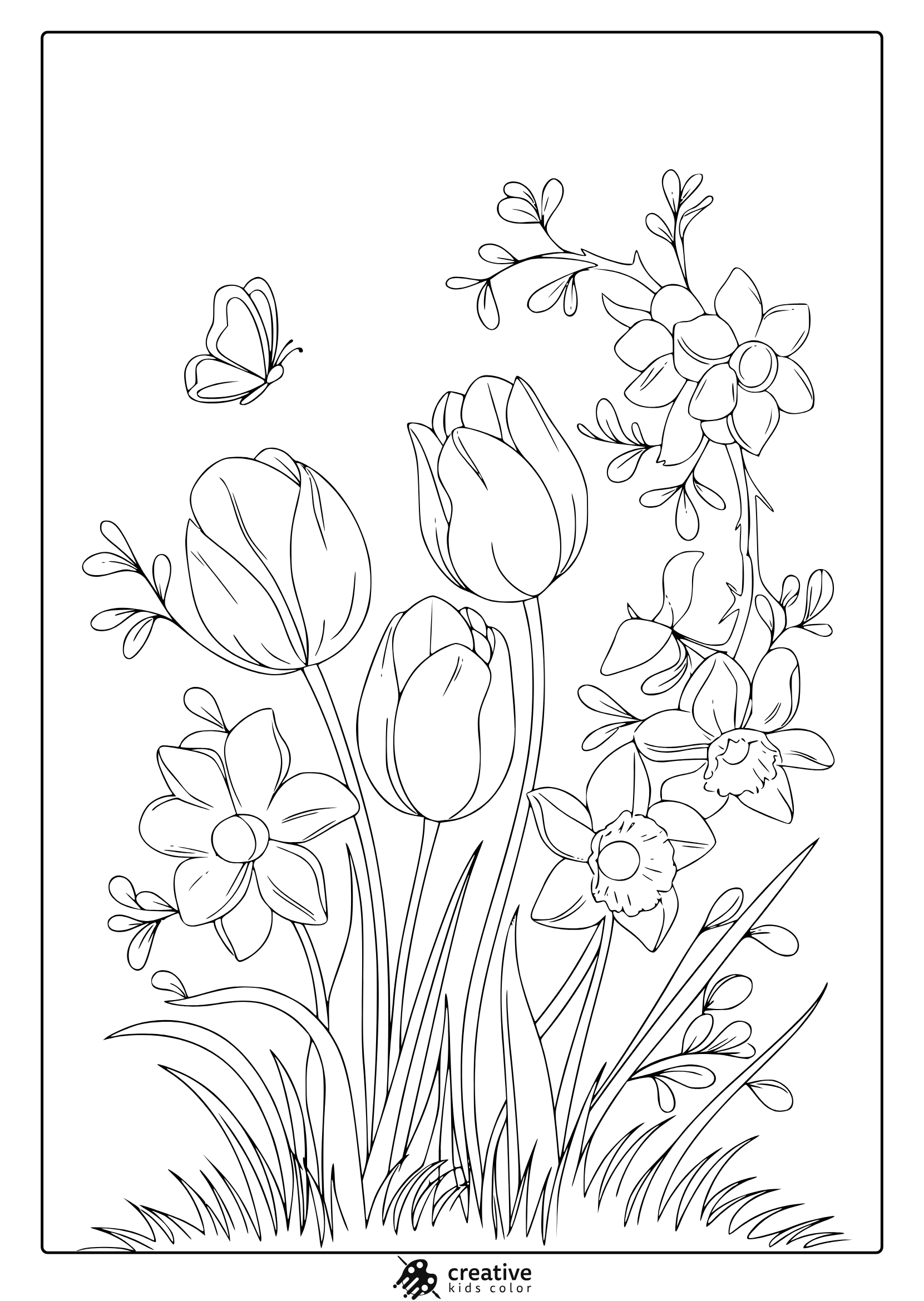 Spring Coloring Page Featuring A Bouquet Of Tulips And Flowers With A Butterfly, Ideal For A Fun And Relaxing Coloring Activity.