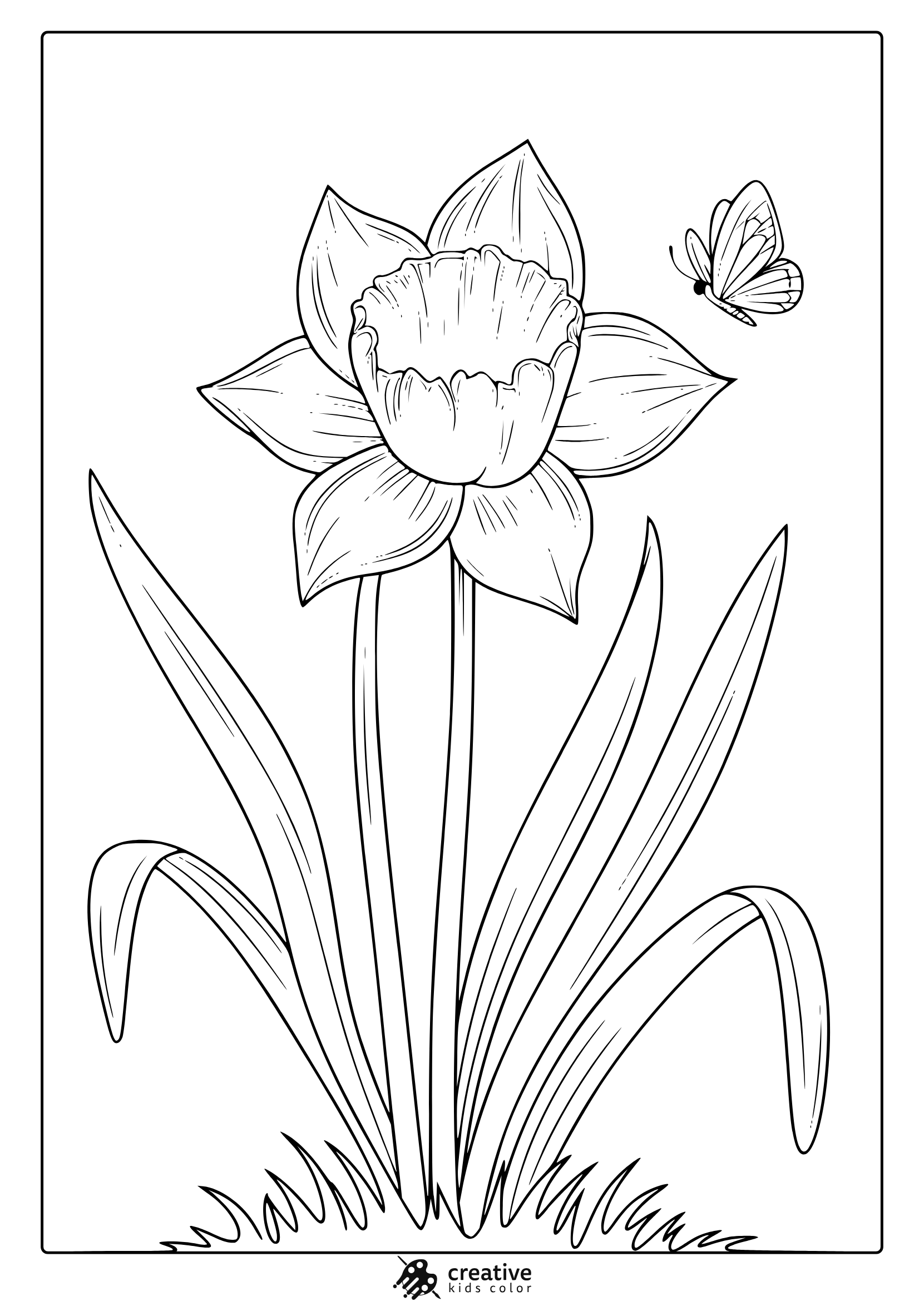 Spring-Themed Coloring Page With A Detailed Daffodil And A Butterfly Flying Above, Perfect For Creative Coloring Fun.