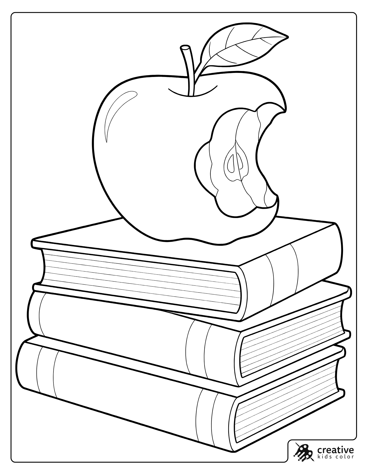 Bitten Apple On Books Coloring Page.