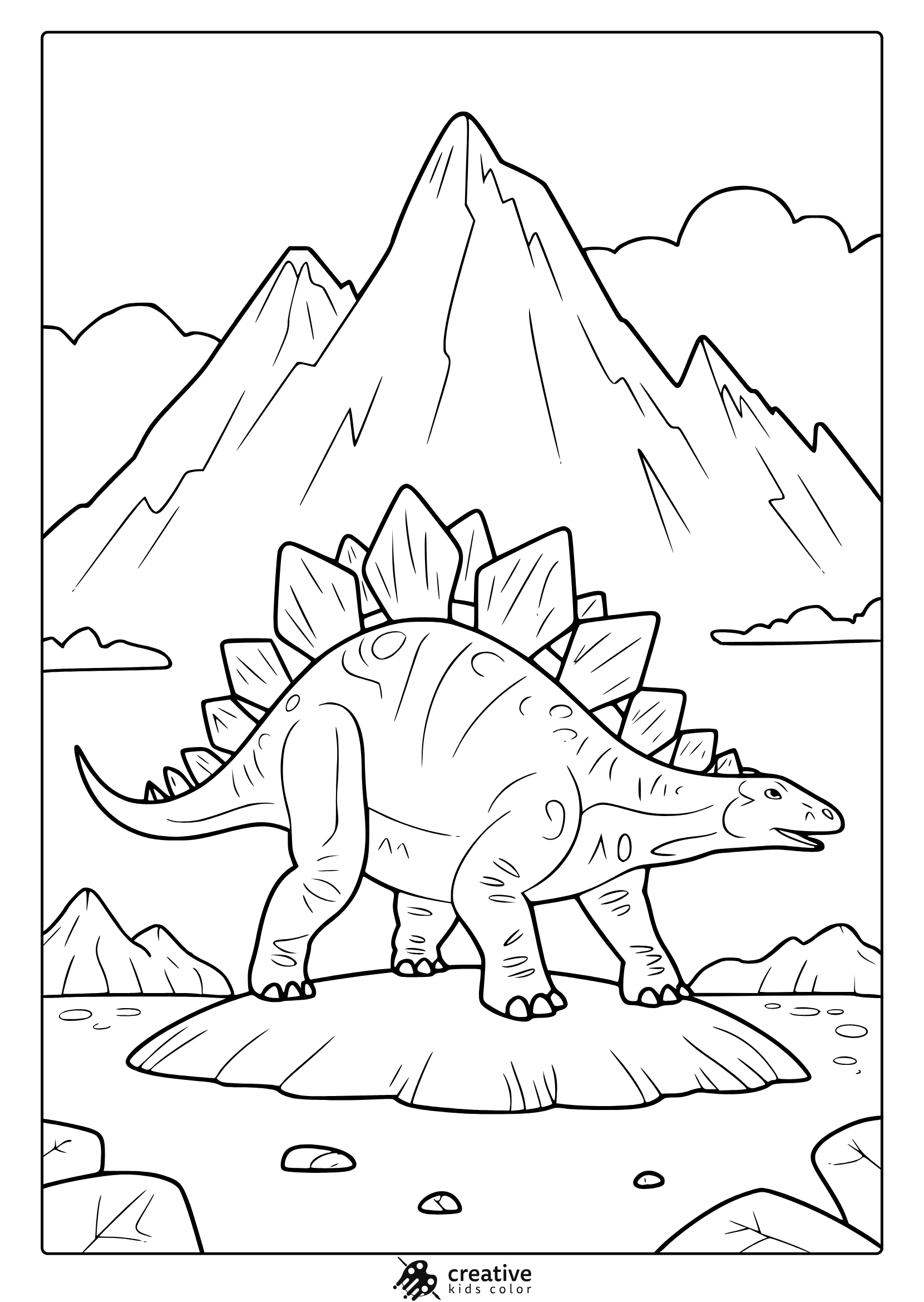 A Bold Stegosaurus In A Mountain Scene Appears In This Prehistoric-Themed Dinosaur Coloring Page With Clear Outlines.