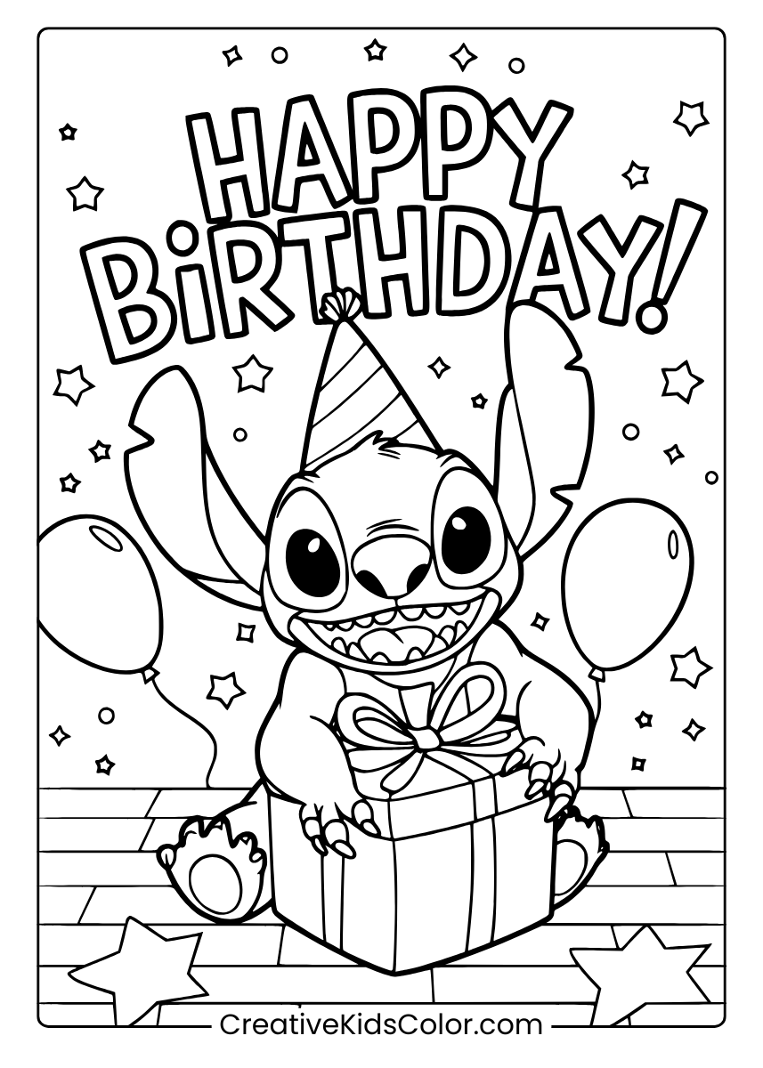Stitch With Balloons And A Birthday Gift, A Vibrant Coloring Page.