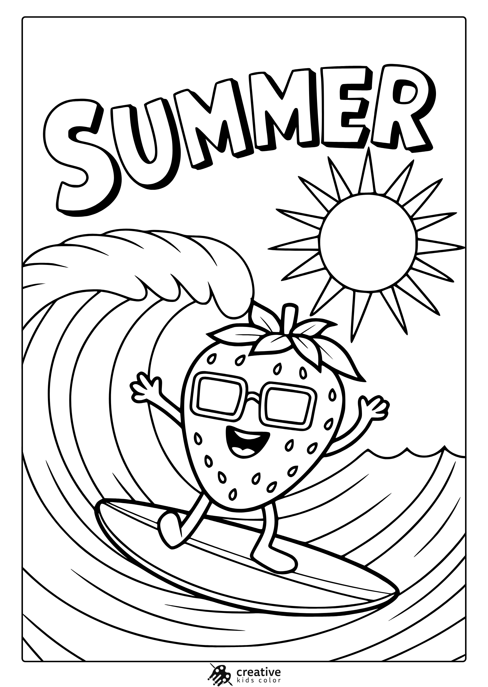 A Strawberry With Sunglasses Surfs A Wave With “Summer” Above In This Cheerful Summer Coloring Page.