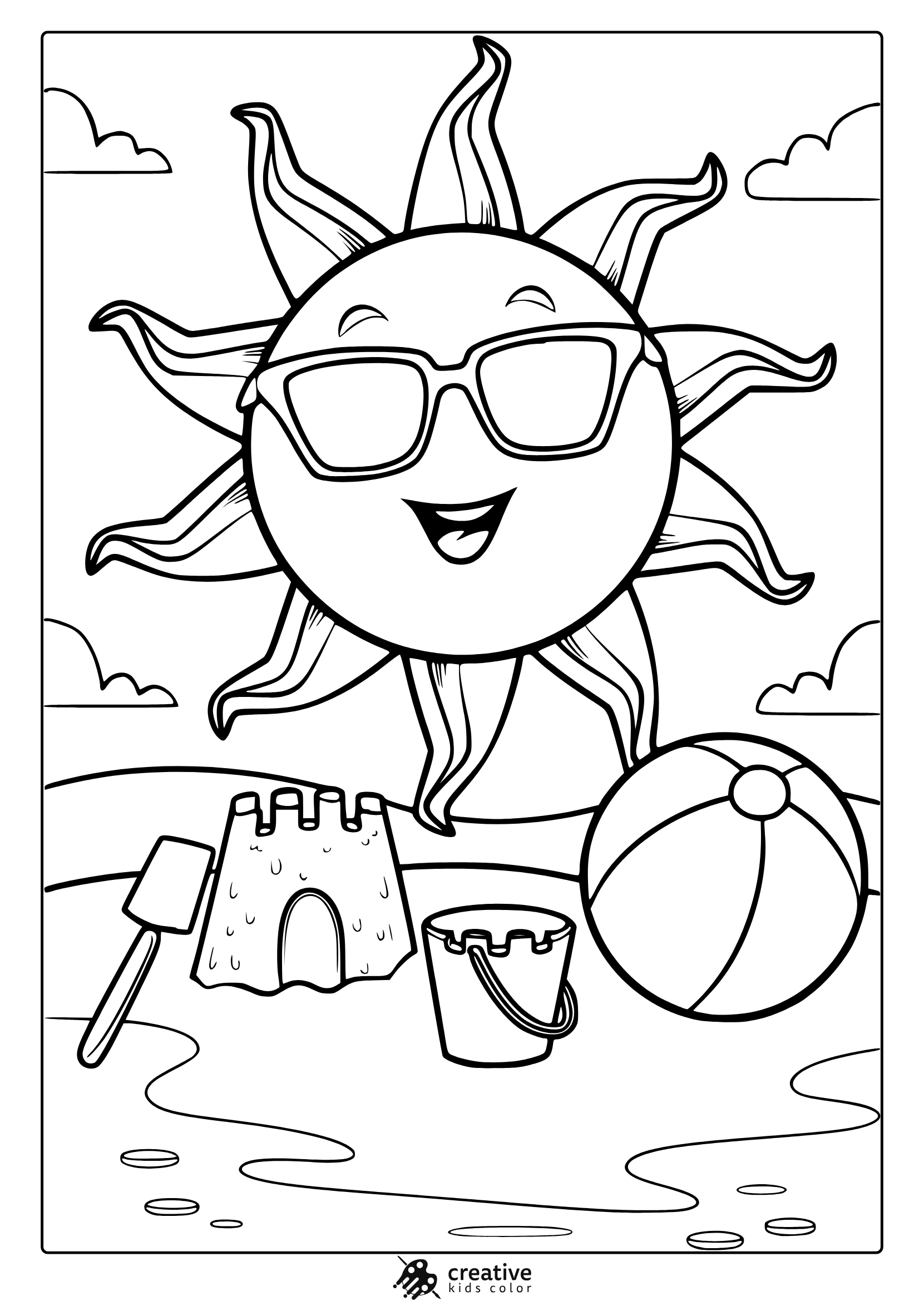 A Happy Sun Shines Over A Beach With A Sand Castle And Toys In This Fun Summer Coloring Page.