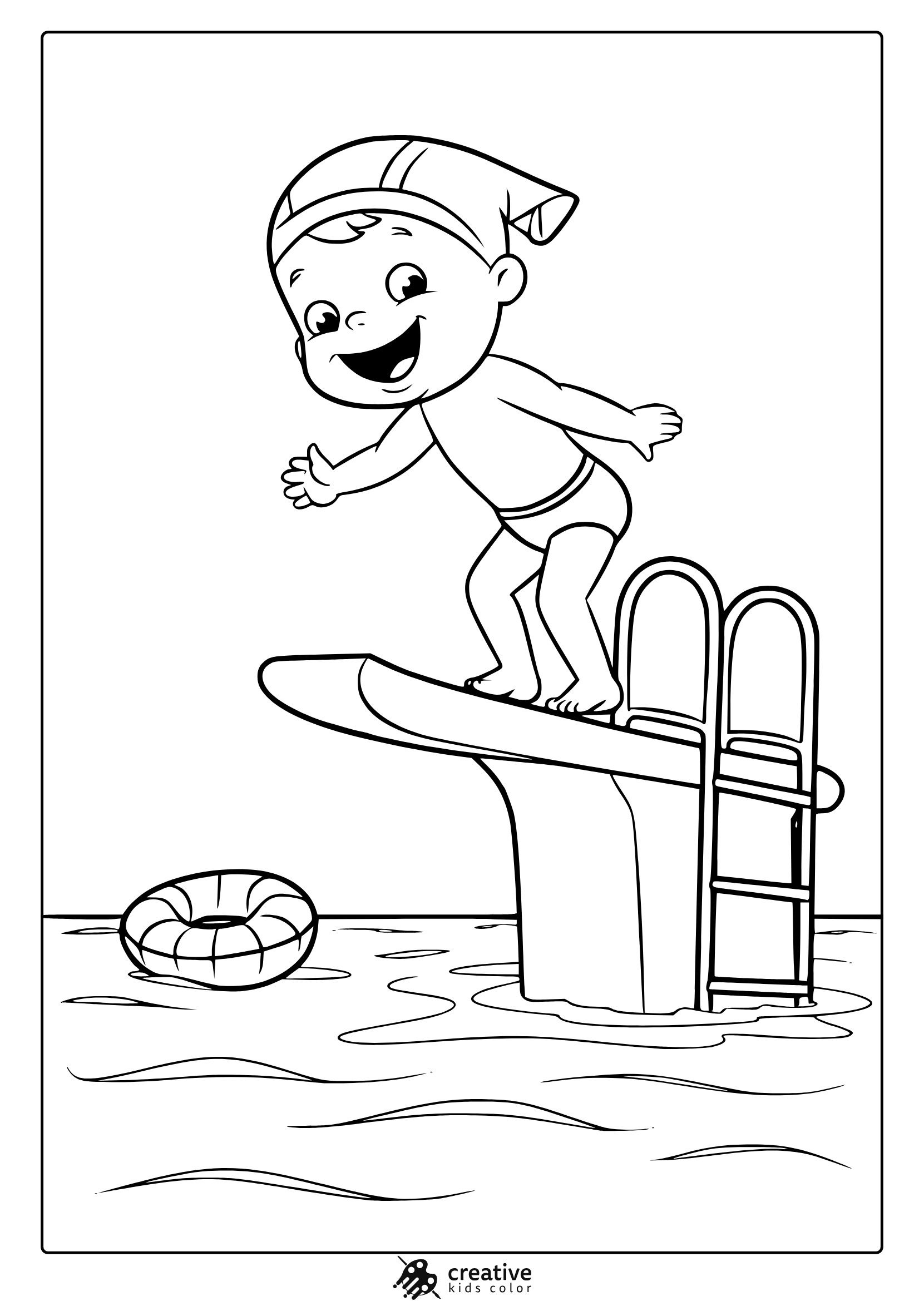 A Child On A Diving Board With A Float Ring Below Stars In This Playful Summer Holiday Coloring Page.