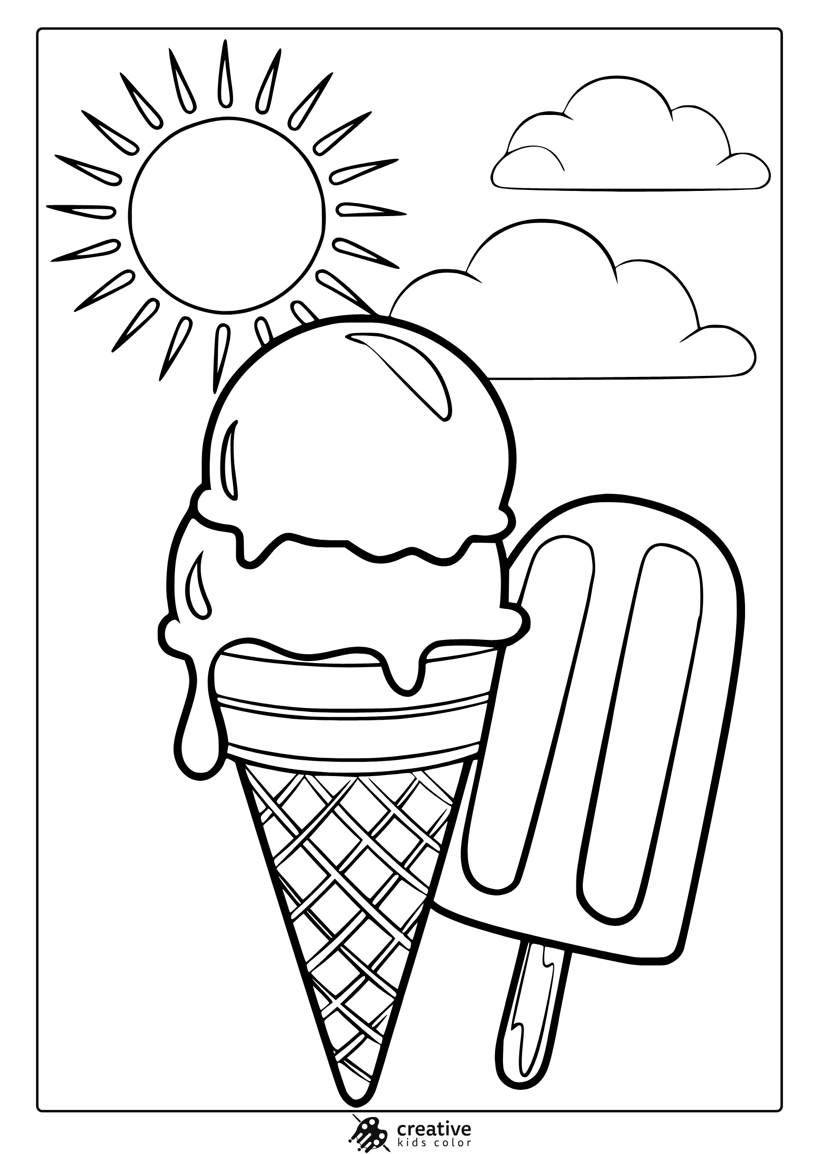 An Ice Cream Cone And Popsicle Melt Happily Under The Sun In This Delicious Summer Ice Cream Coloring Page.