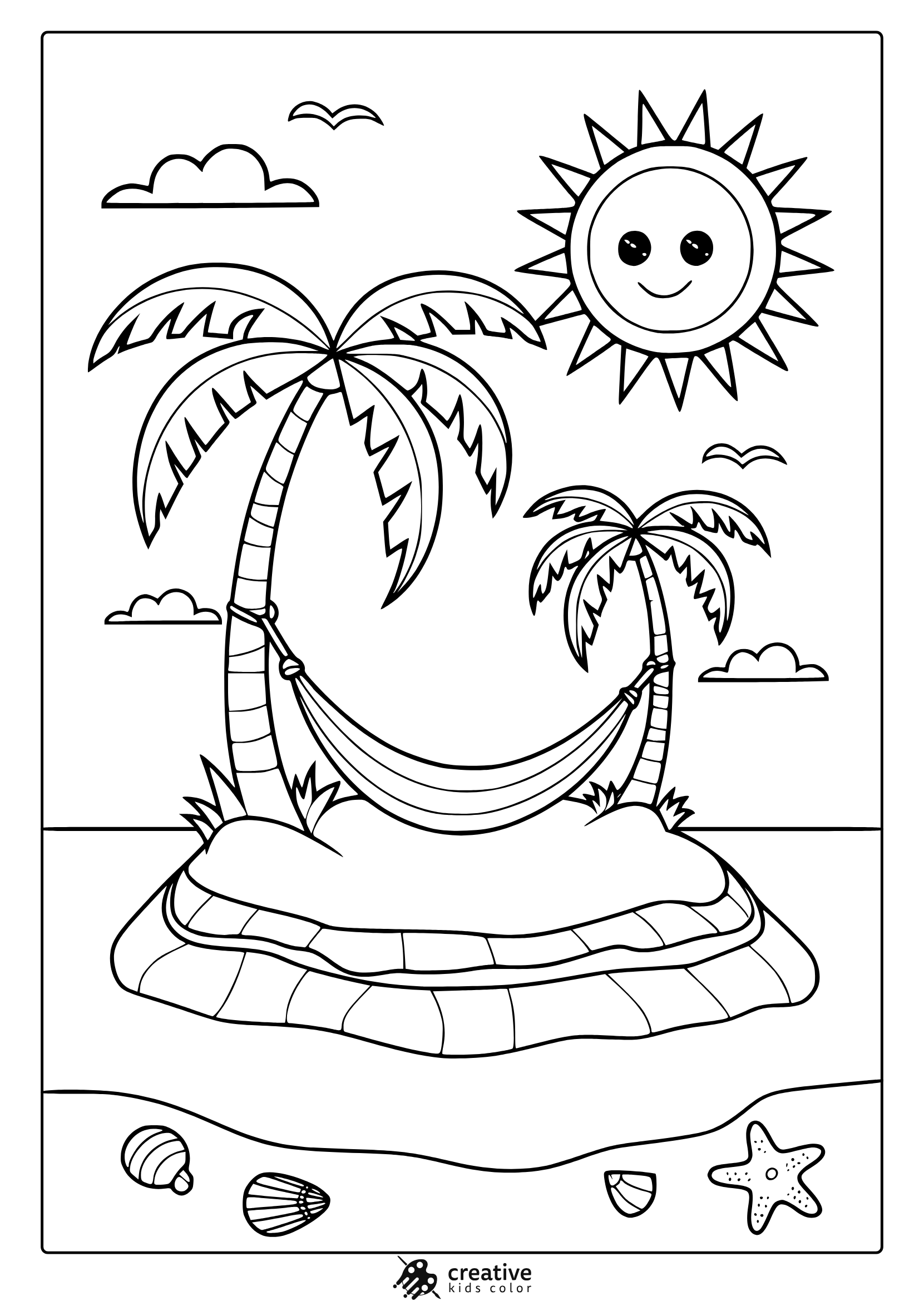 A Sunny Beach Island With Palm Trees And Waves Creates A Relaxing Summer Scene For This Coloring Page.