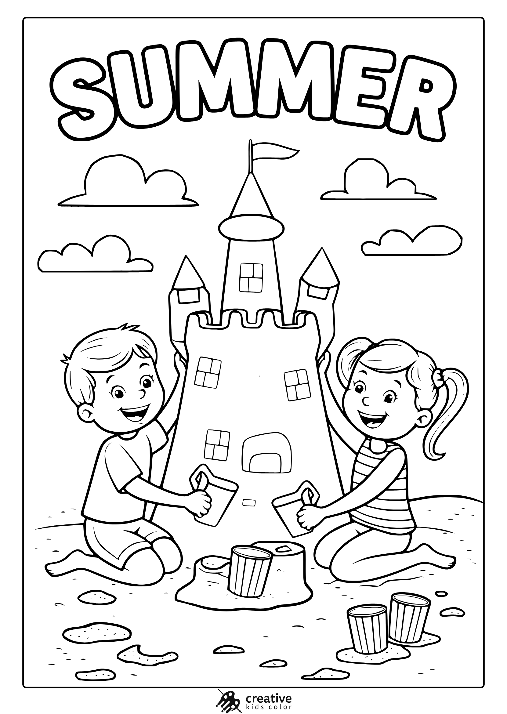Two Kids Build A Sand Castle Under The “Summer” Sky In This Playful Beach-Themed Summer Coloring Page.