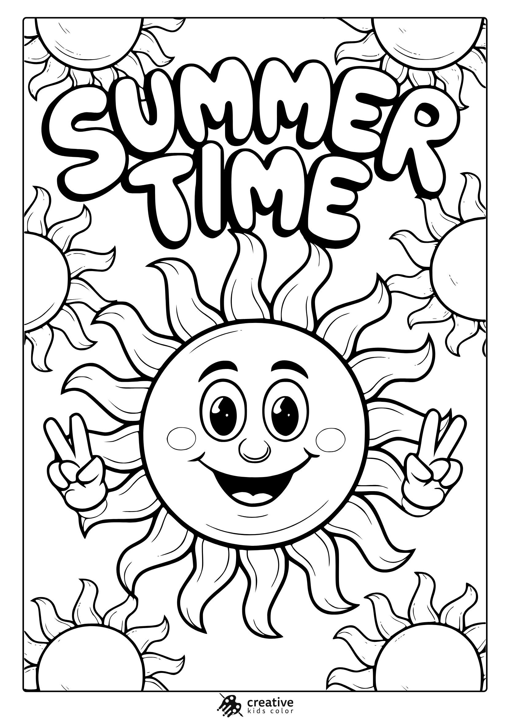 A Smiling Sun With Big Eyes Flashes A Peace Sign In This Joyful “Summer Time” Coloring Page.