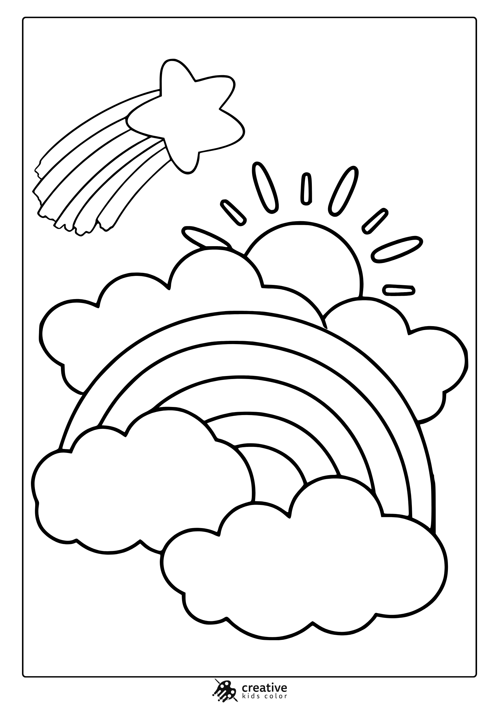 Sun And Rainbow Coloring Page With Fluffy Clouds And A Shooting Star.