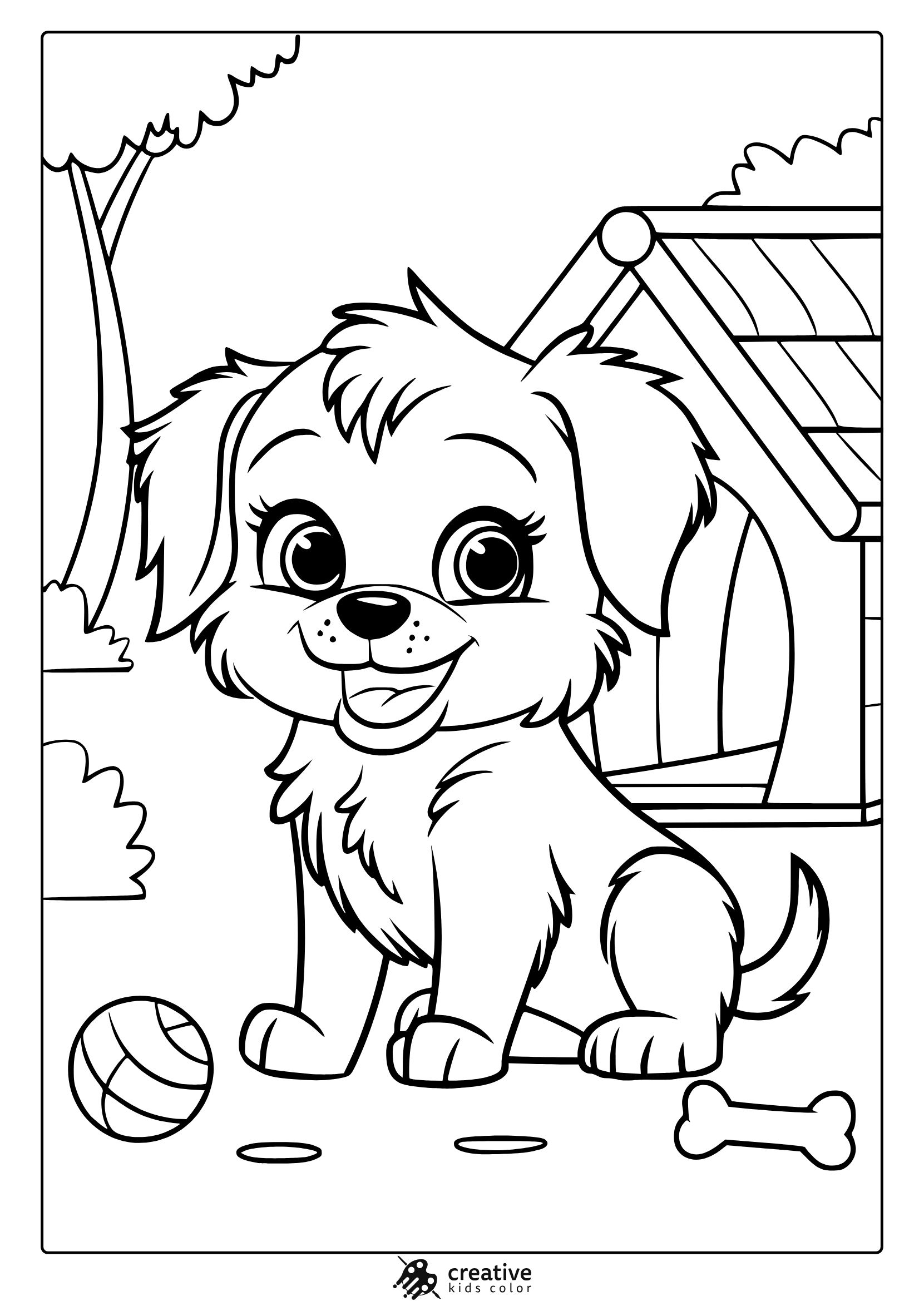 A Cute Puppy In A Garden With A Tree And A Bone. A Peaceful Sweet Puppy Coloring Page To Enjoy.