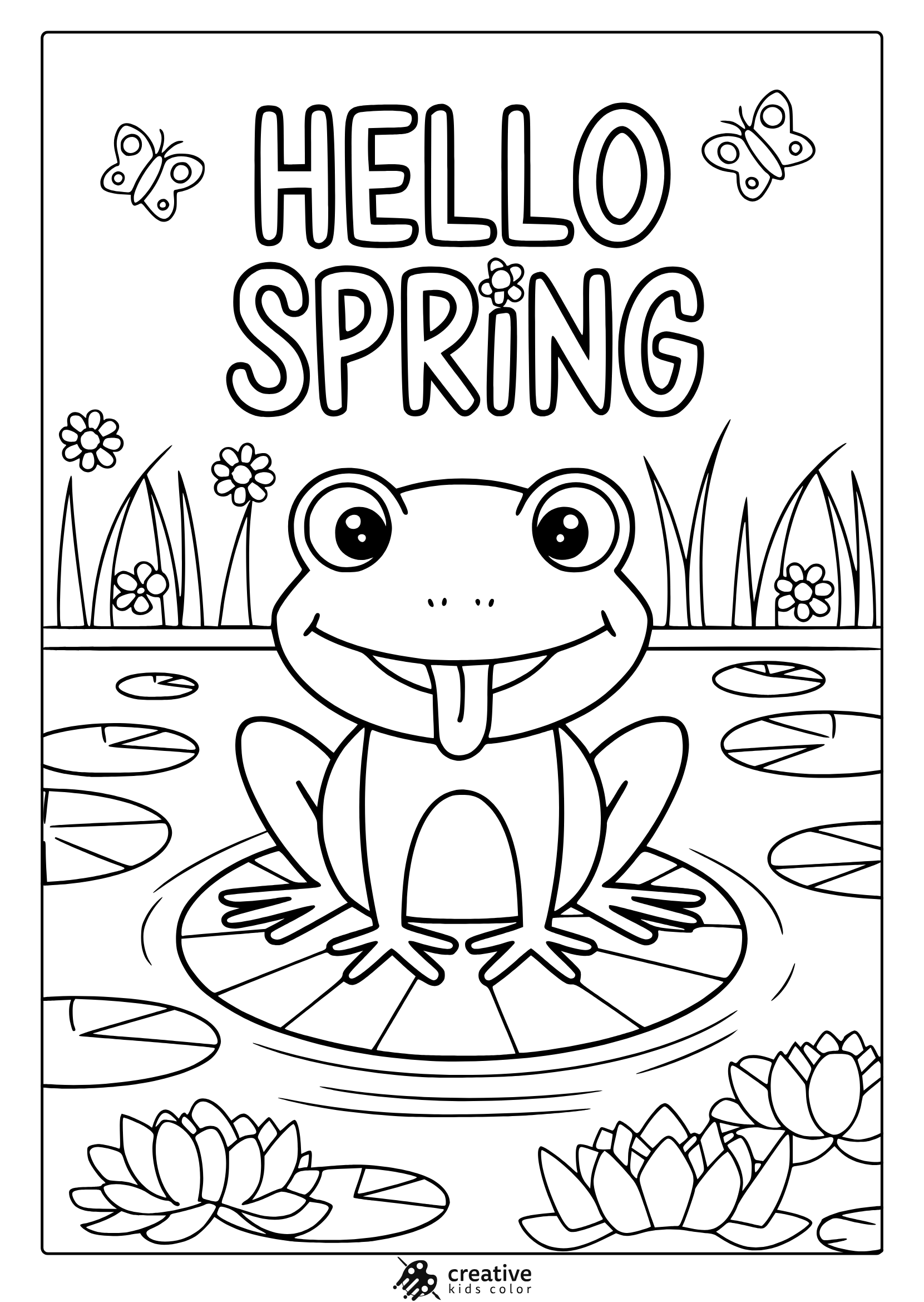Spring Coloring Page With A Happy Frog On A Lily Pad, Butterflies, And Flowers, Perfect For A Fun And Creative Coloring Experience.