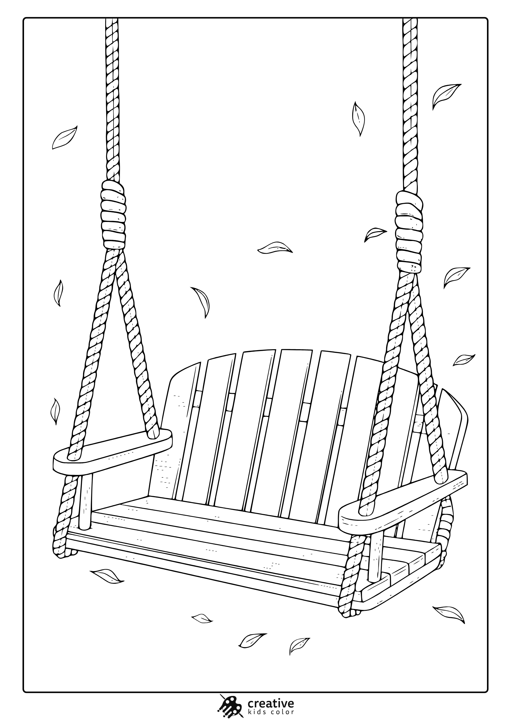 A Swing In The Breeze Coloring Page With A Wooden Swing, Thick Ropes, Armrests, And Falling Leaves, Suggesting An Autumn Setting.
