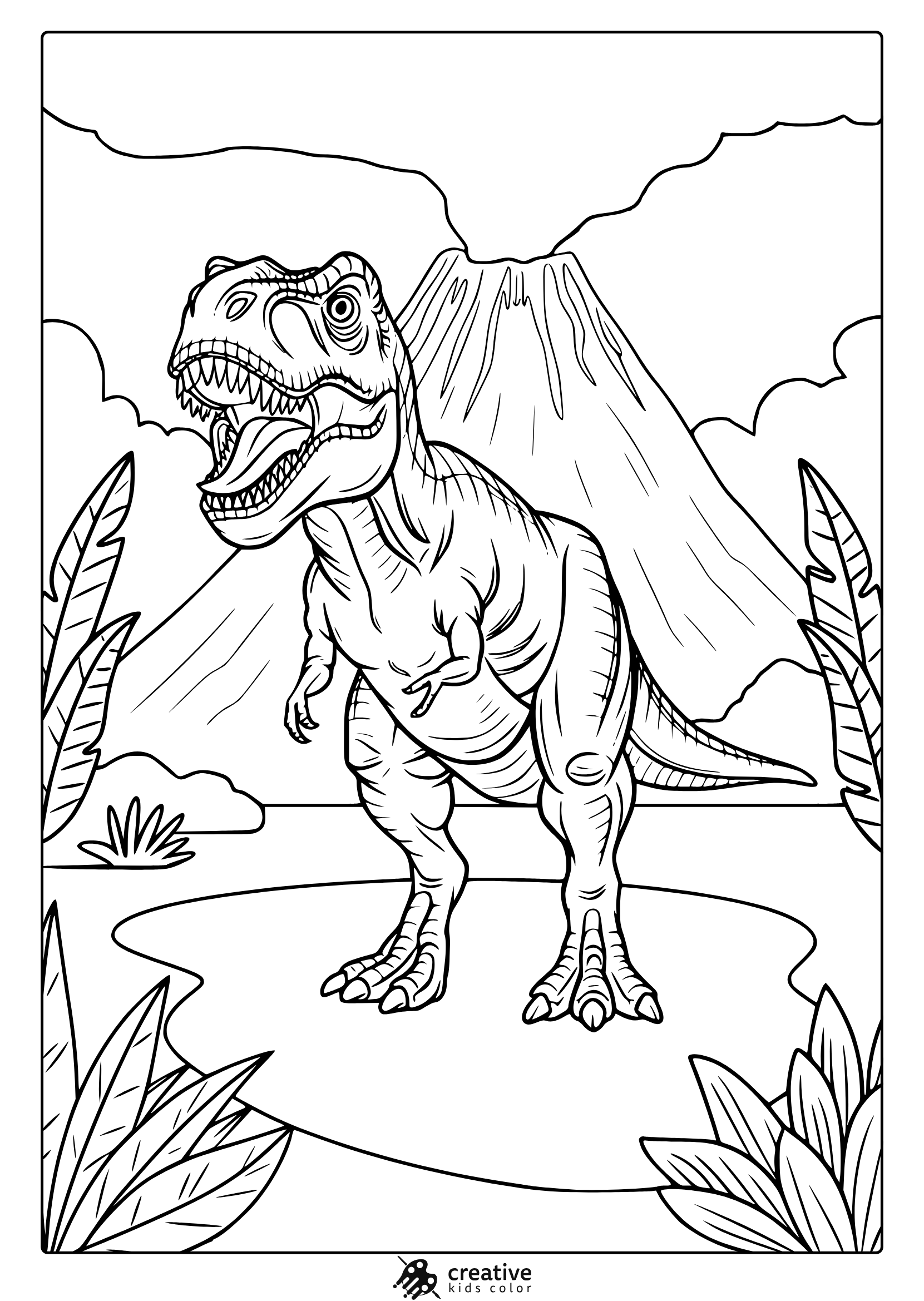A Detailed T-Rex In A Volcanic Setting Shown In This Dinosaur Coloring Page With Bold Outlines And Realistic Features.