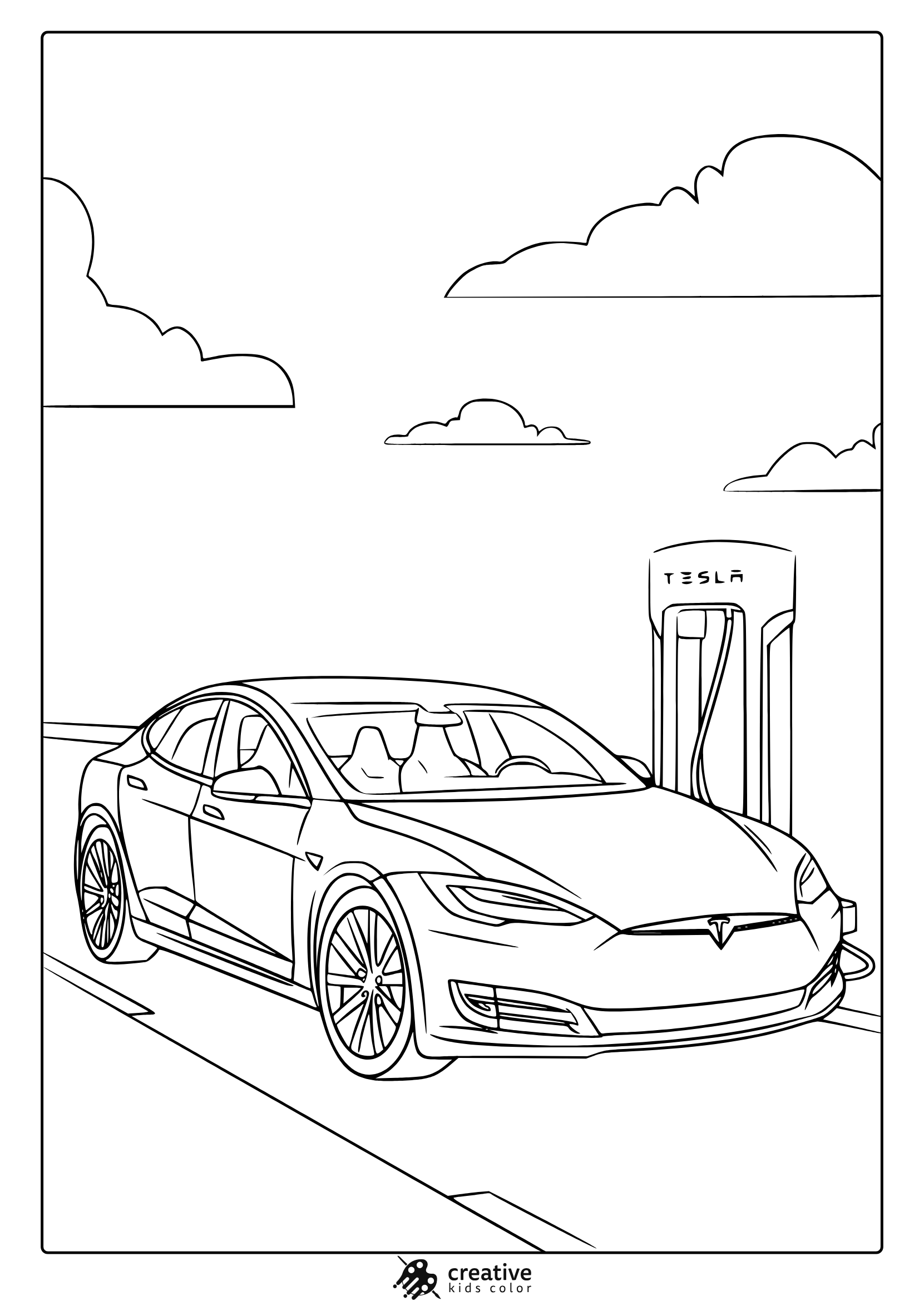 A Tesla Car At A Charging Station Under A Clear Sky, A Modern Tesla Coloring Page.
