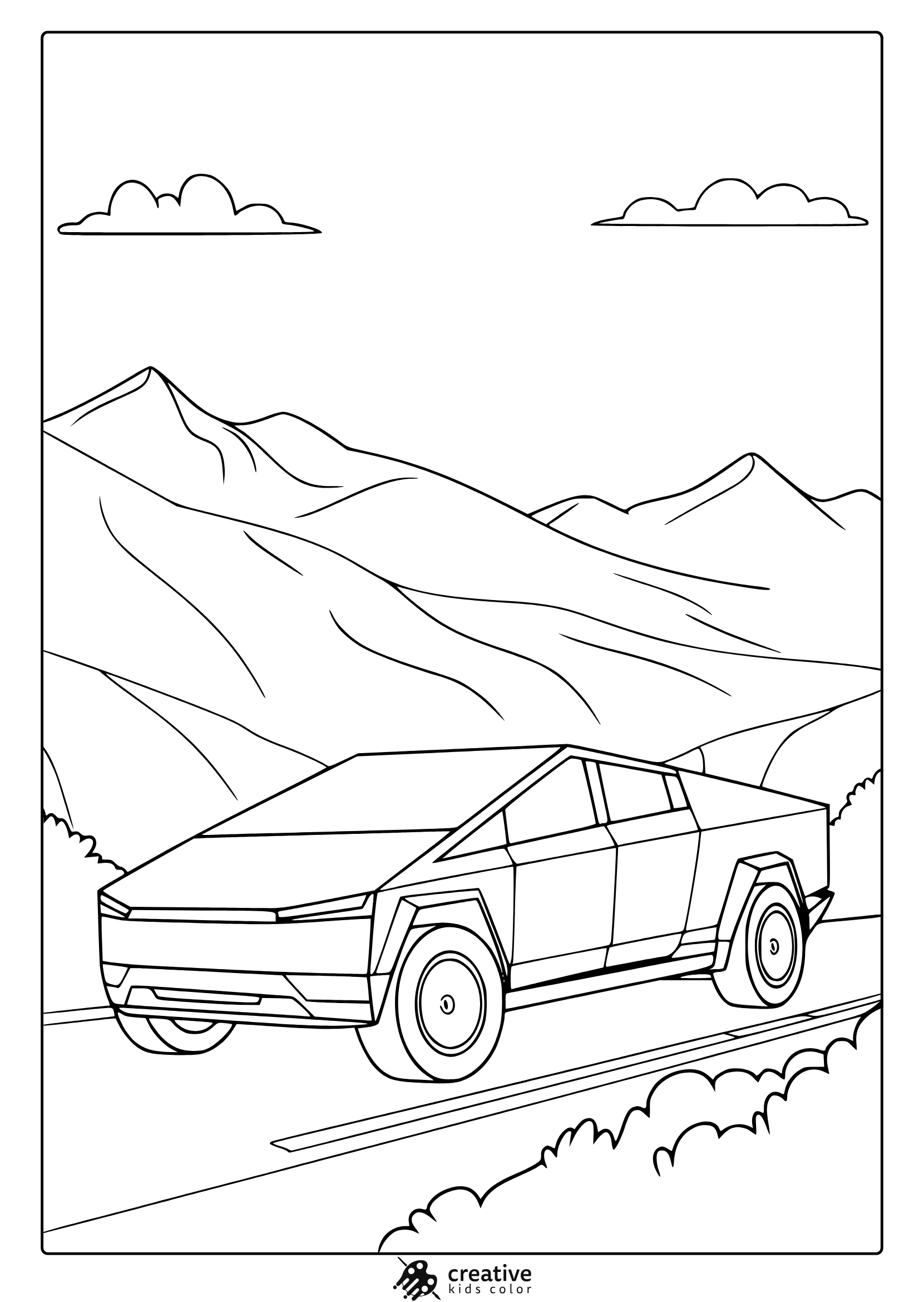 A Cybertruck driving through rolling hills, a futuristic Tesla Cybertruck coloring page.