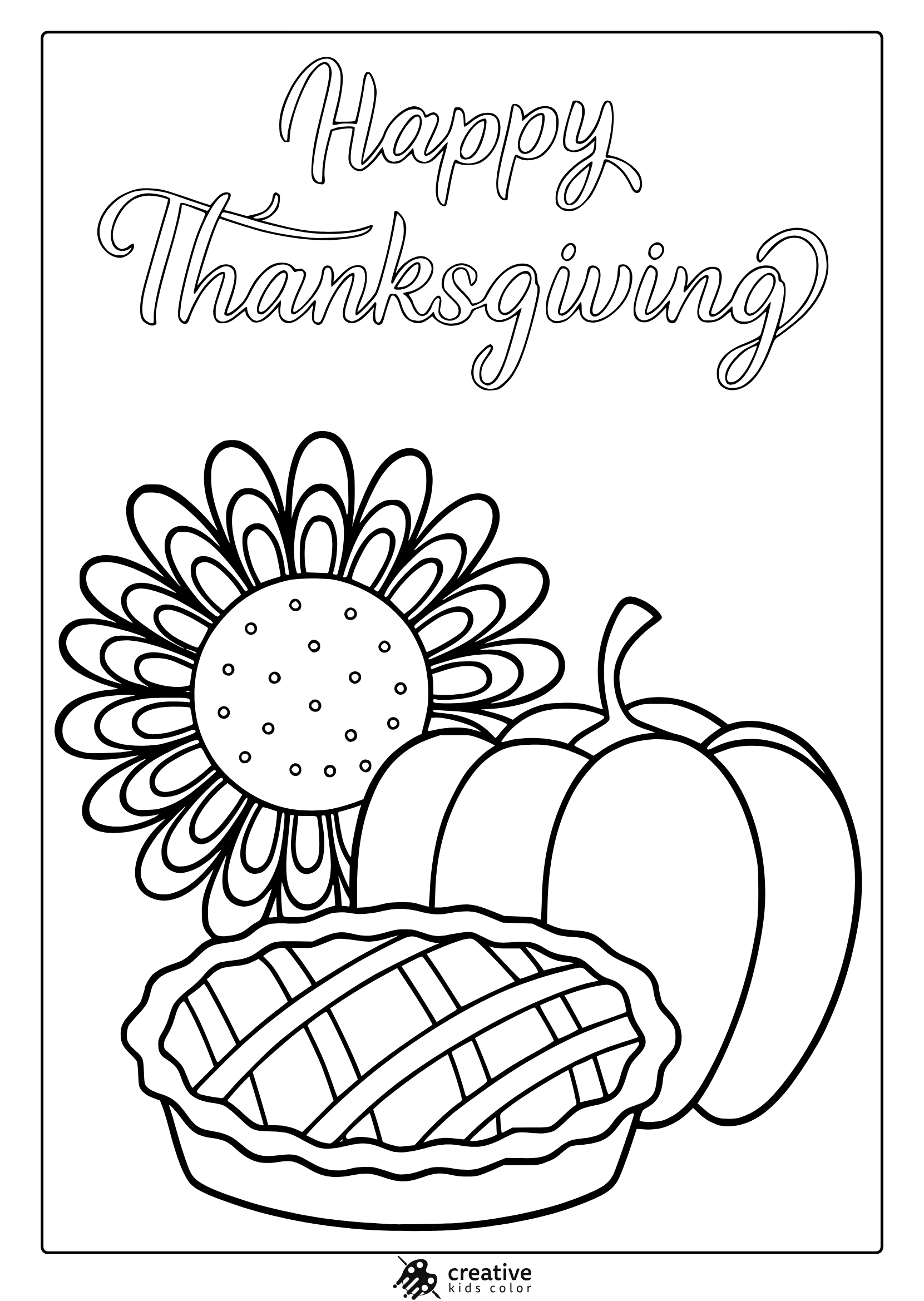 Thanksgiving Pumpkin, Lattice Pie, And Sunflower In A Festive Holiday Coloring Page.