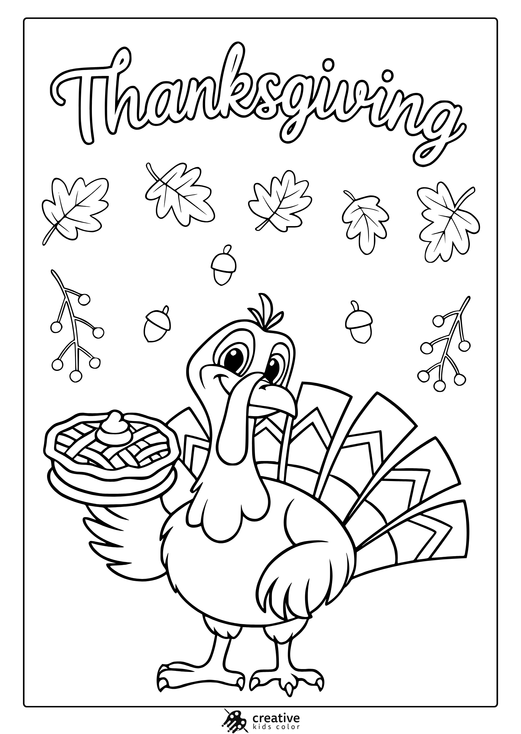 Cartoon Turkey With Patterned Tail Feathers, Pie, And Autumn Details In A Thanksgiving Coloring Page.