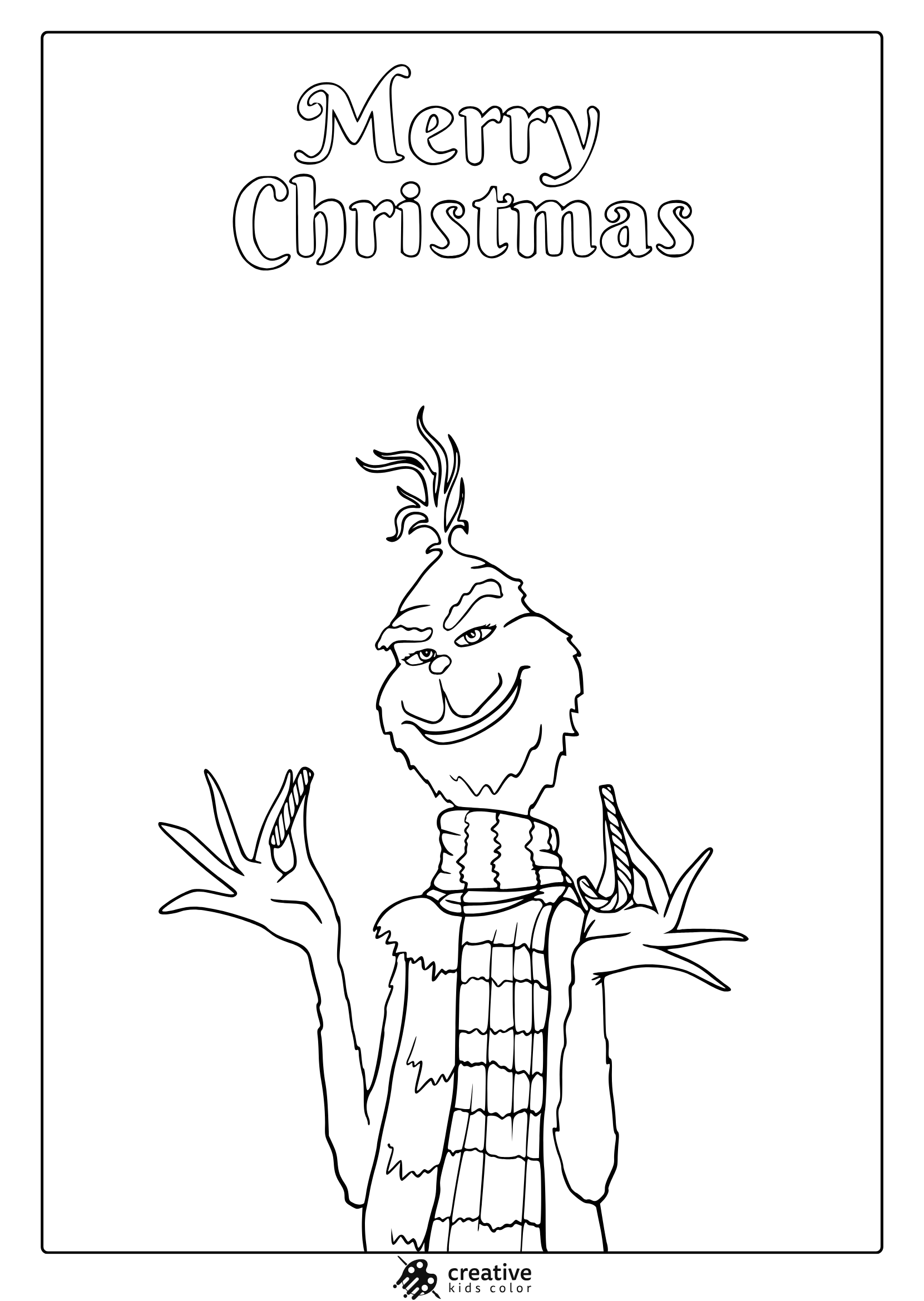 Grinch colored page with classic text that is struck with the text Merry Christmas.