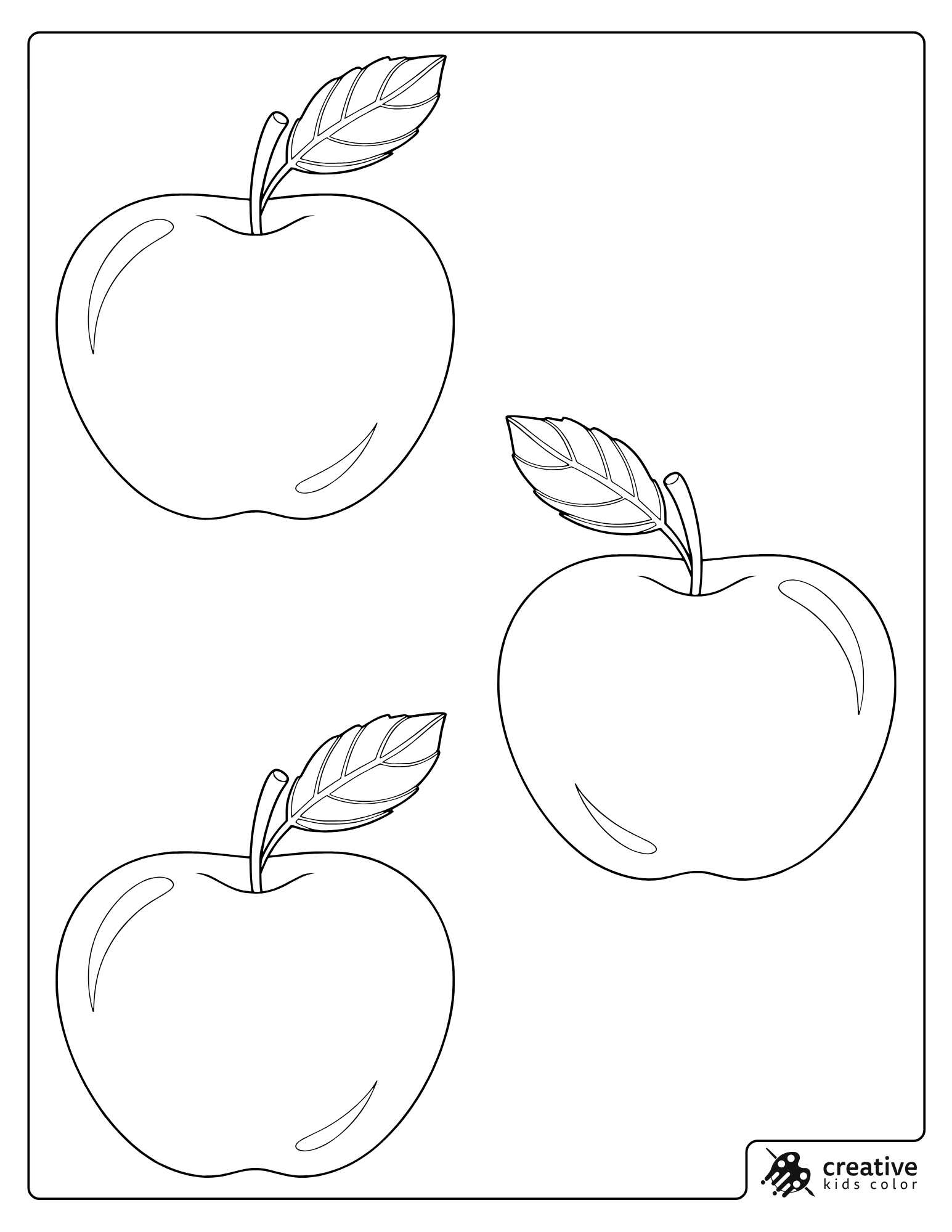 Three Apples Coloring Page With Leaves.