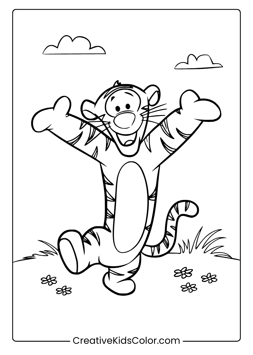 Cheerful Tigger Jumping In The Sky With Flowers In A Meadow Coloring Page.
