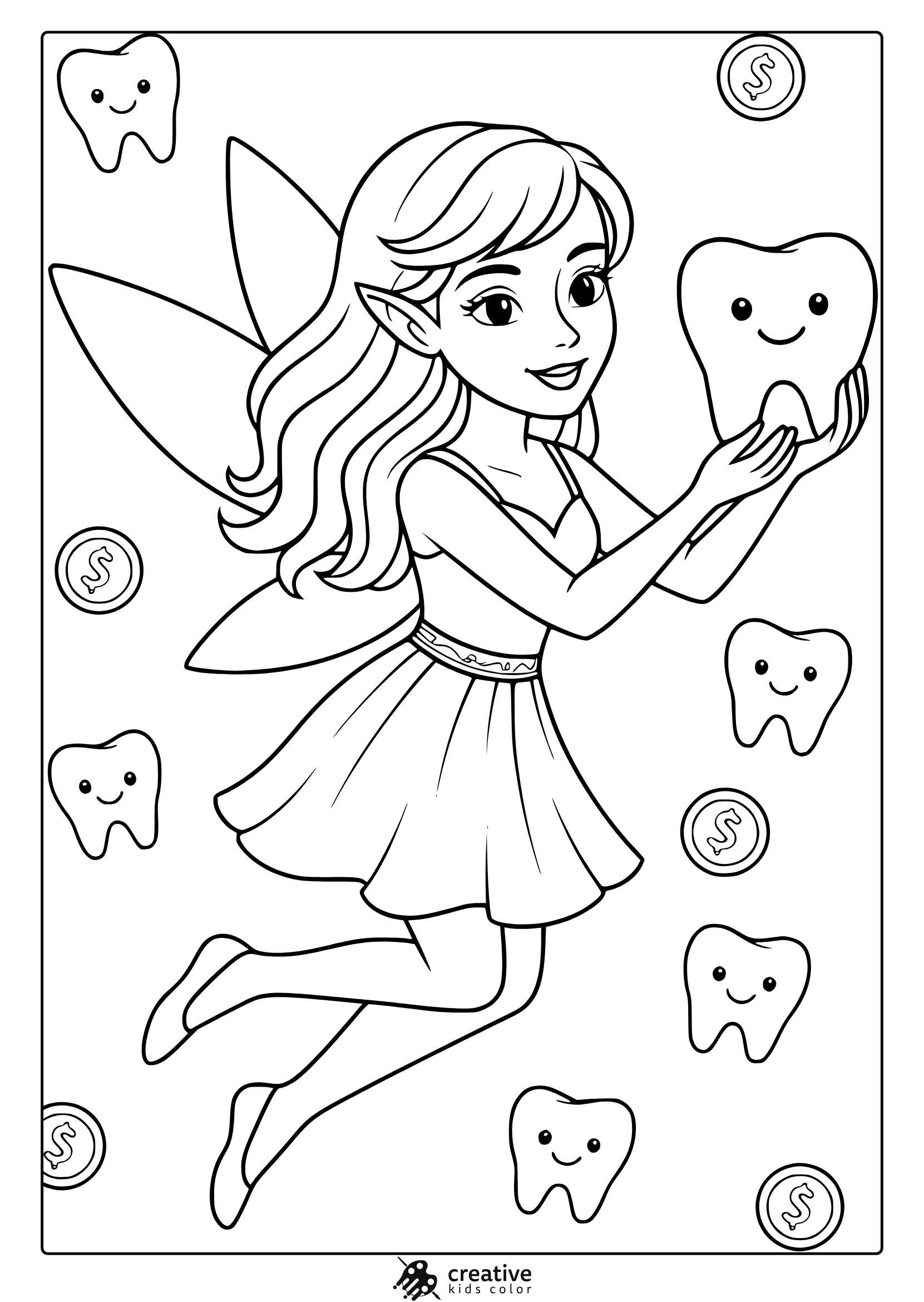 Tooth Fairy Coloring Page With Smiling Tooth And Whimsical Floating Elements.