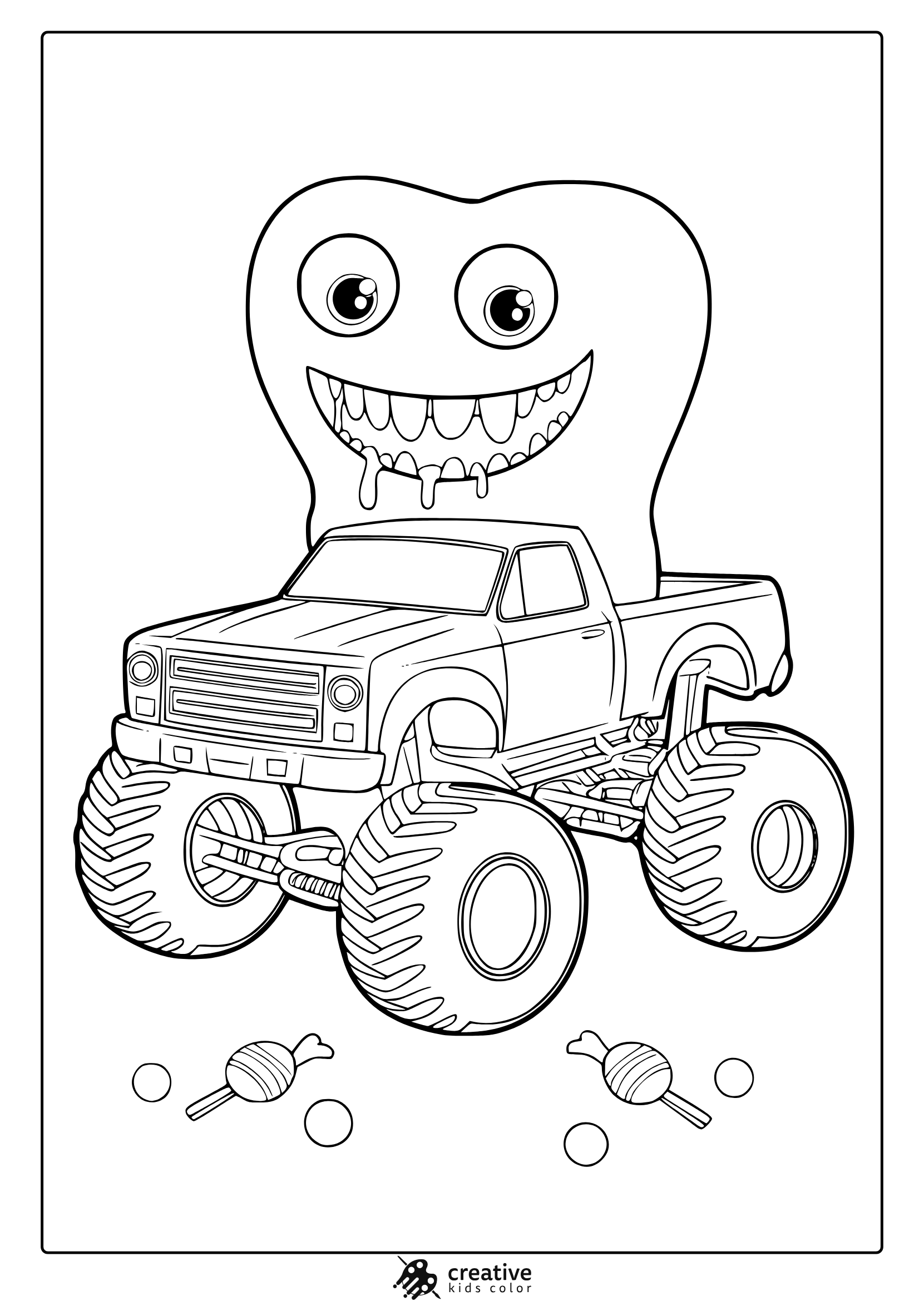 Tooth Character On A Monster Truck Surrounded By Candy, Silly And Sweet Themed Coloring Page For Kids.