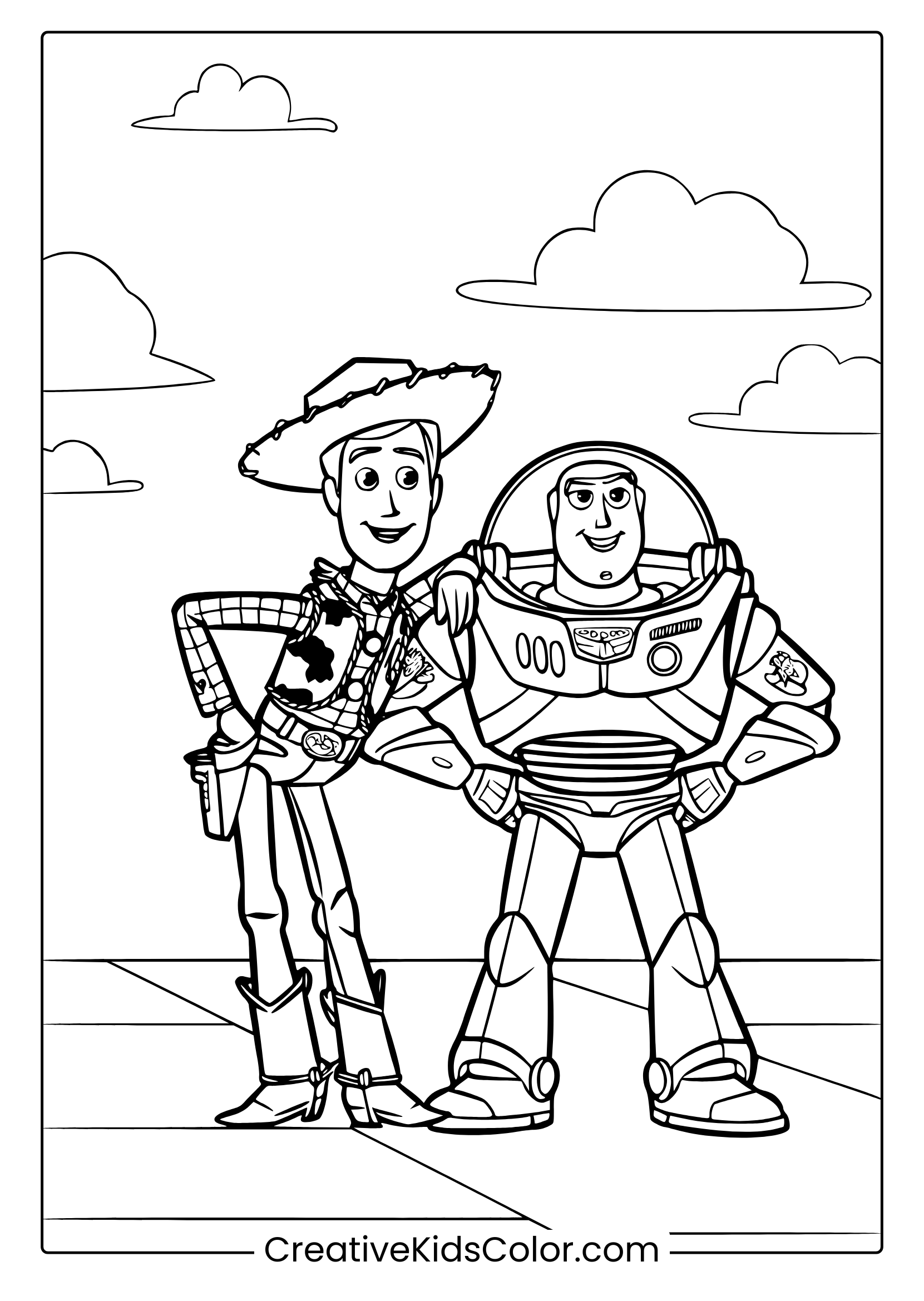 A Toy Story Buzz And Woody Coloring Page Showing The Duo Standing Under A Clear Sky With Clouds On A Flat Surface.