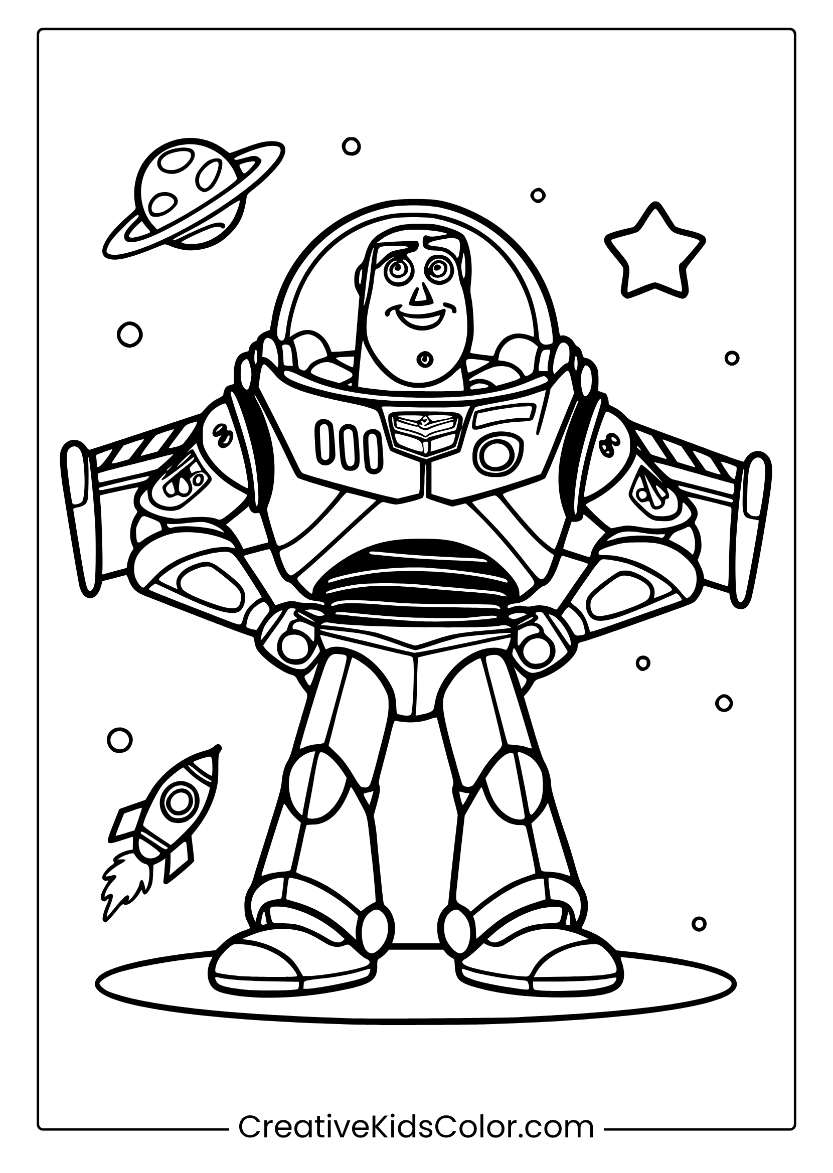 A Buzz Lightyear Coloring Page Featuring The Toy Story Character In His Space Suit With Planets, Stars, And A Rocket Around Him.