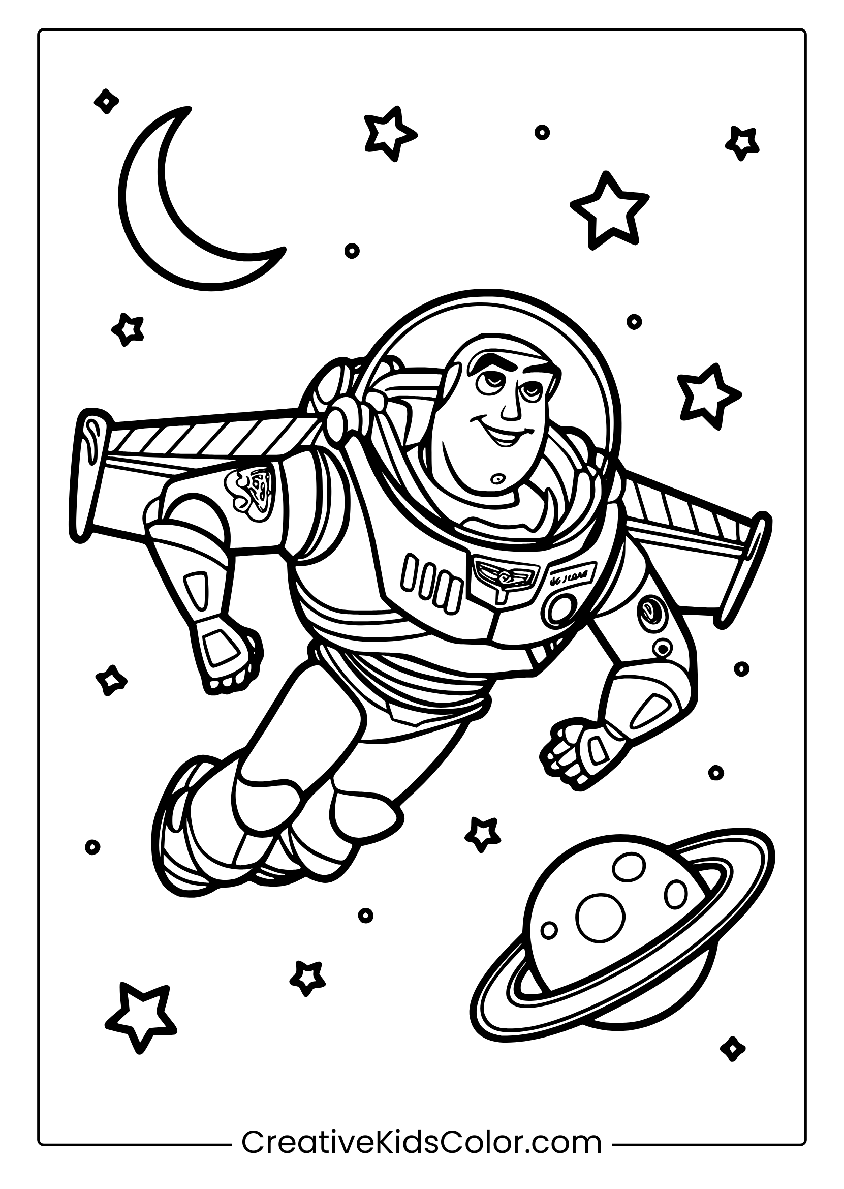 A Toy Story Buzz Lightyear Coloring Page Showing Buzz Floating In Space Surrounded By Stars, A Moon, And A Planet.