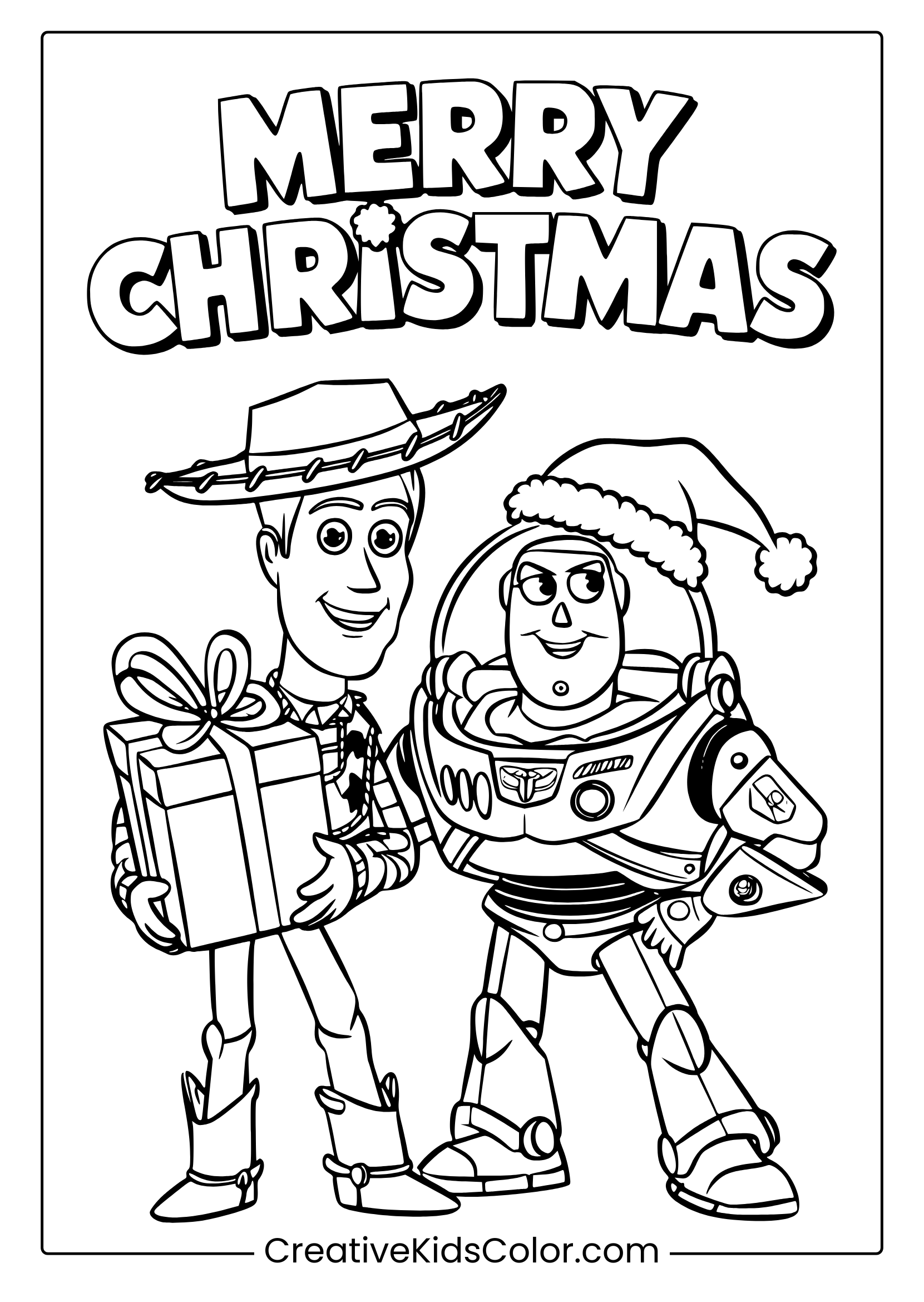 A Toy Story Christmas Coloring Page Showing Buzz And Woody With A Gift Box And &Quot;Merry Christmas&Quot; Written Above Them.