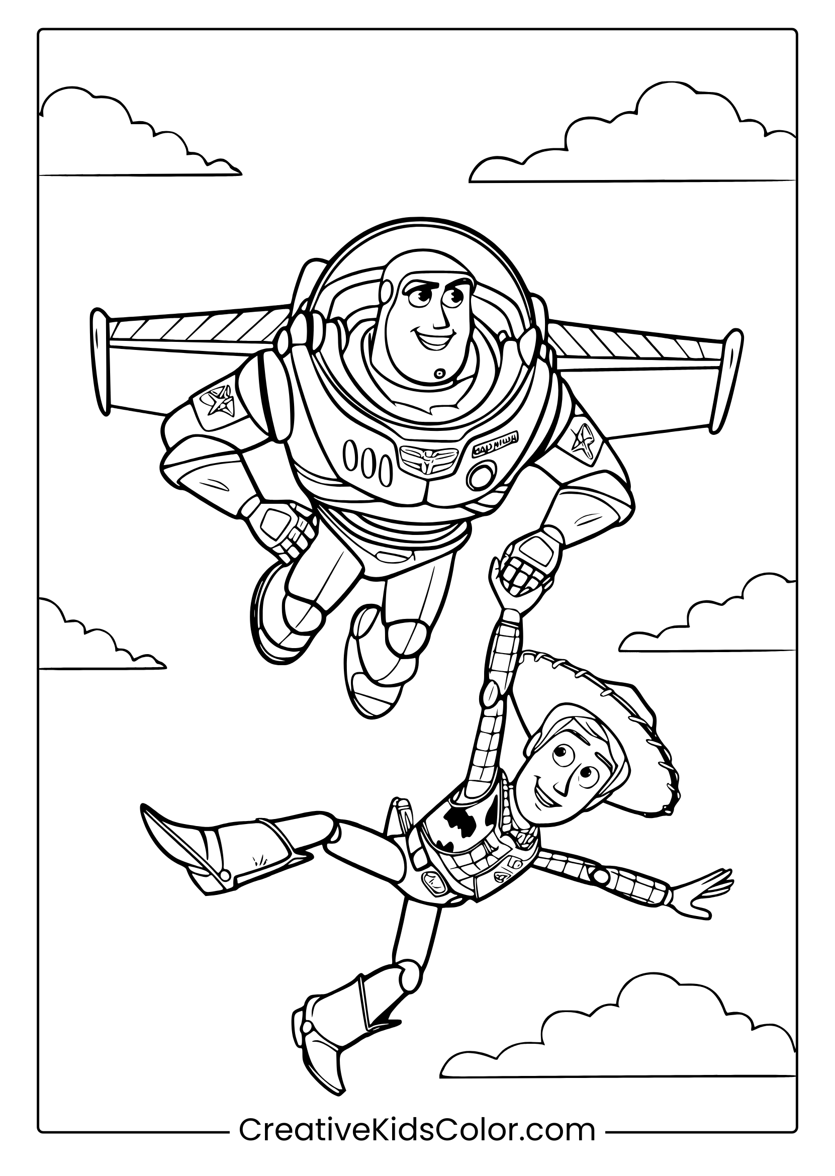 A Buzz And Woody Toy Story Coloring Page Featuring Buzz Flying With Woody Holding His Hand Under A Clear, Cloudy Sky.