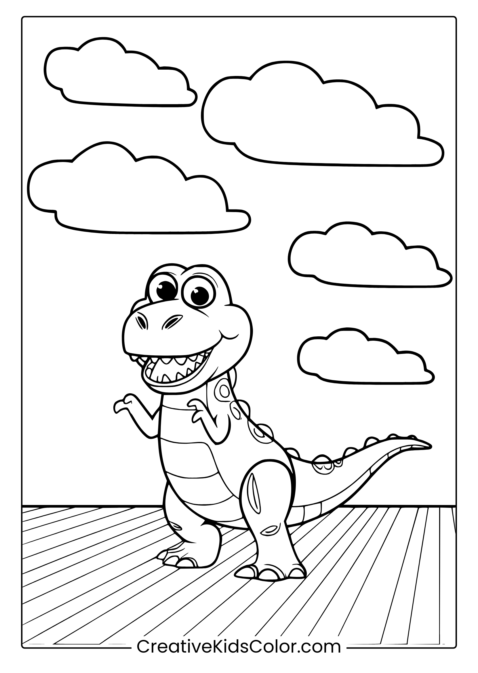 A Toy Story Coloring Page Featuring Rex The Dinosaur With A Big Smile, Standing Outdoors Under A Sky With Clouds.