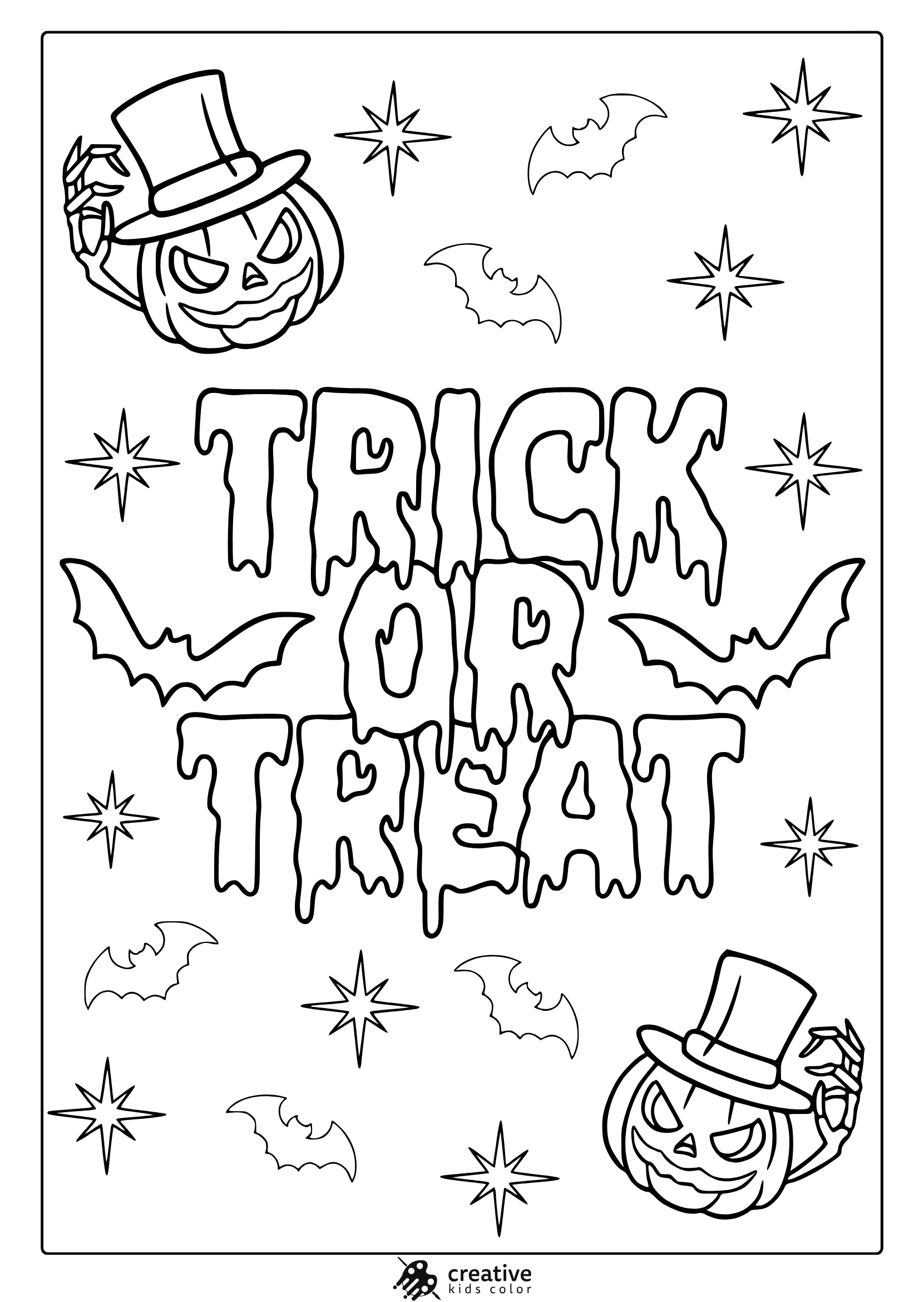 Trick Or Treat Text With Bats, Pumpkins, And Stars In A Halloween Coloring Page.