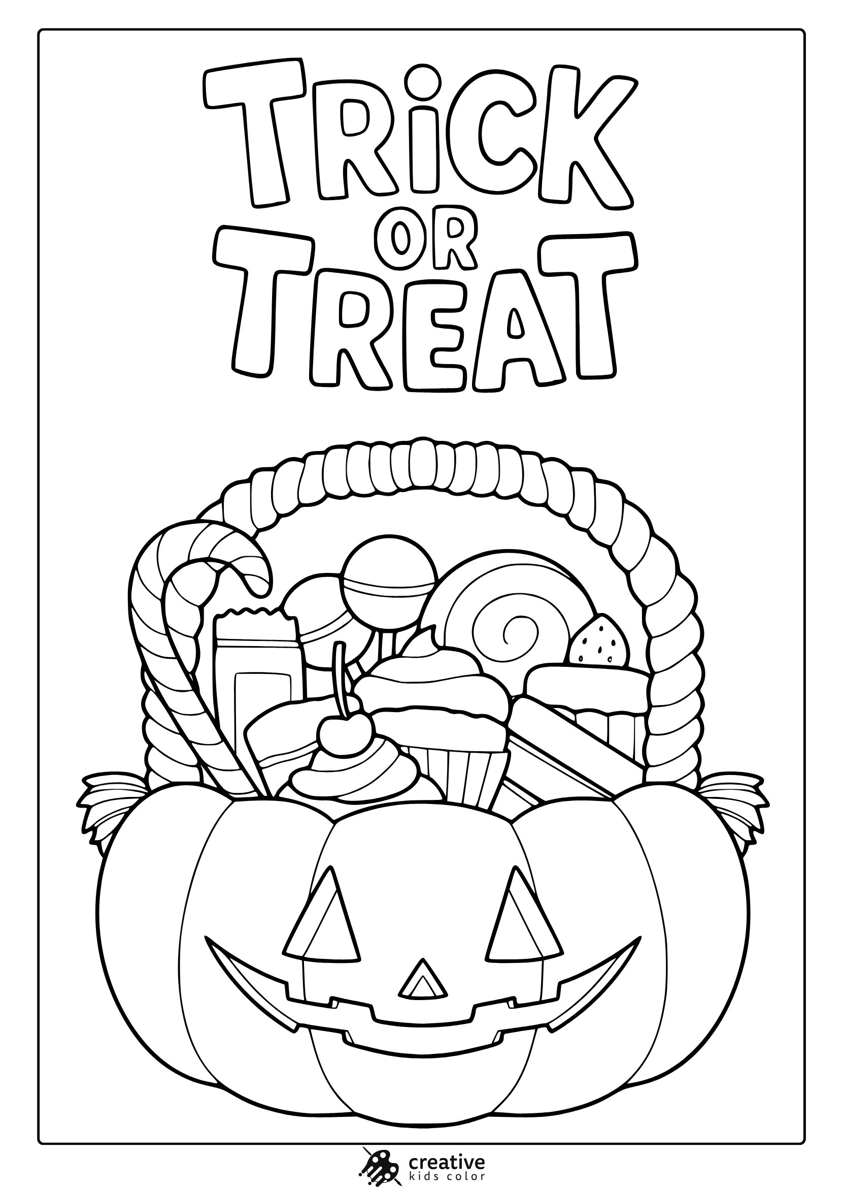 Trick or treat jack o lantern coloring page with pumpkin basket full of lollipops, cupcakes and sweets.