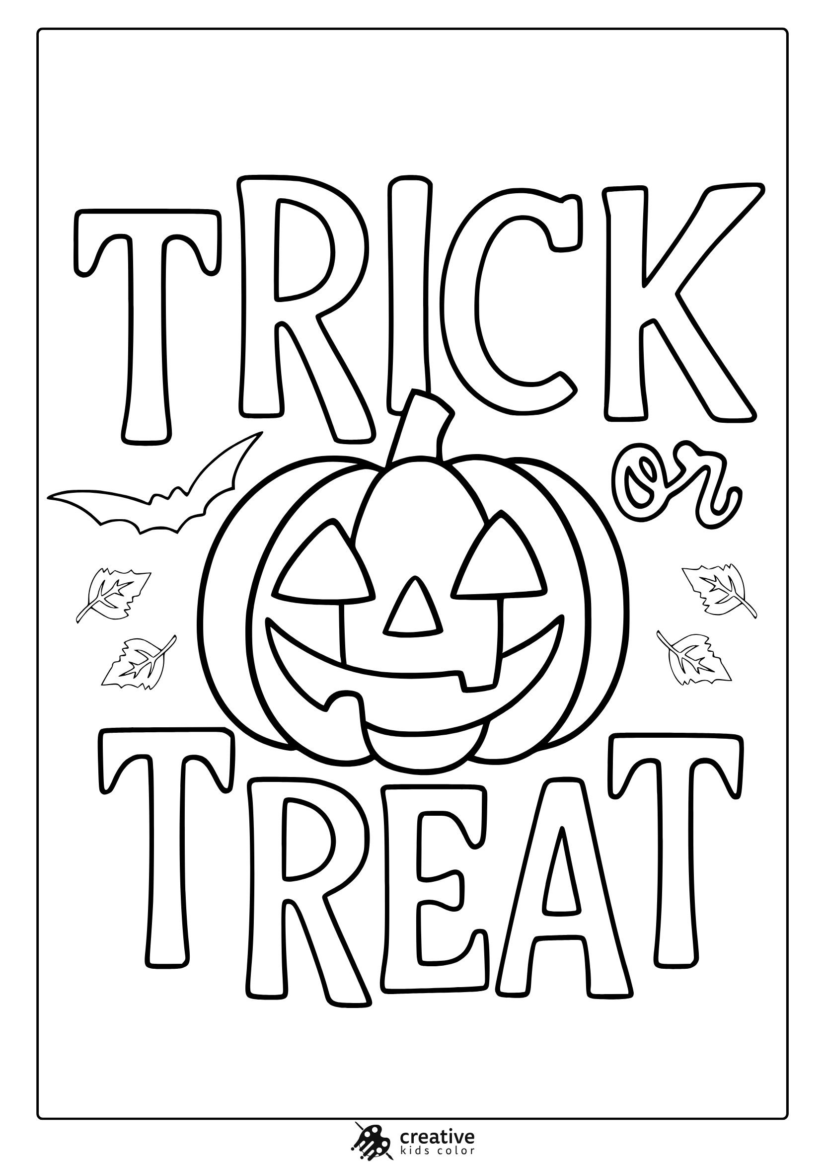 Trick or treat pumpkin coloring page with smiling jack o lantern, bats, autumn leaves and festive lettering.