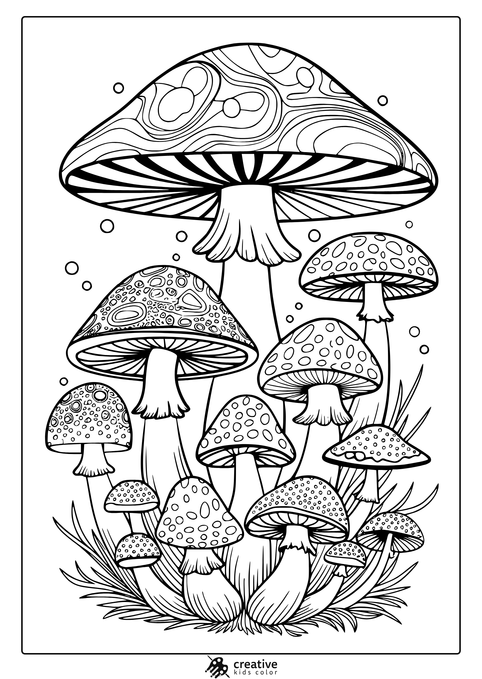 Intricate Mushrooms With Swirling Patterns And Bold Lines Featured In This Trippy Mushroom Coloring Page.