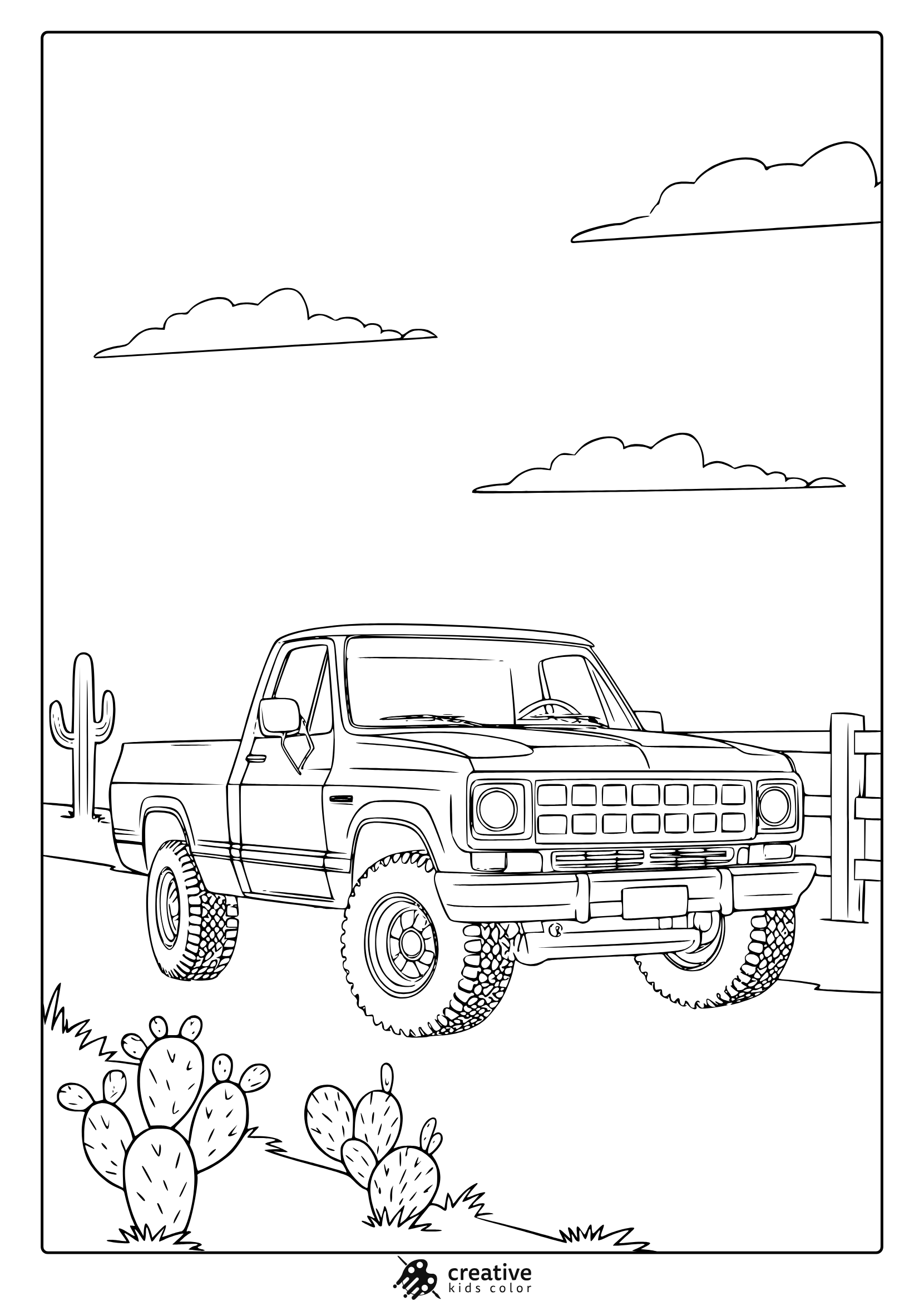A Pickup Truck With Off-Road Tires In A Desert, A Rugged Truck Car Coloring Page.