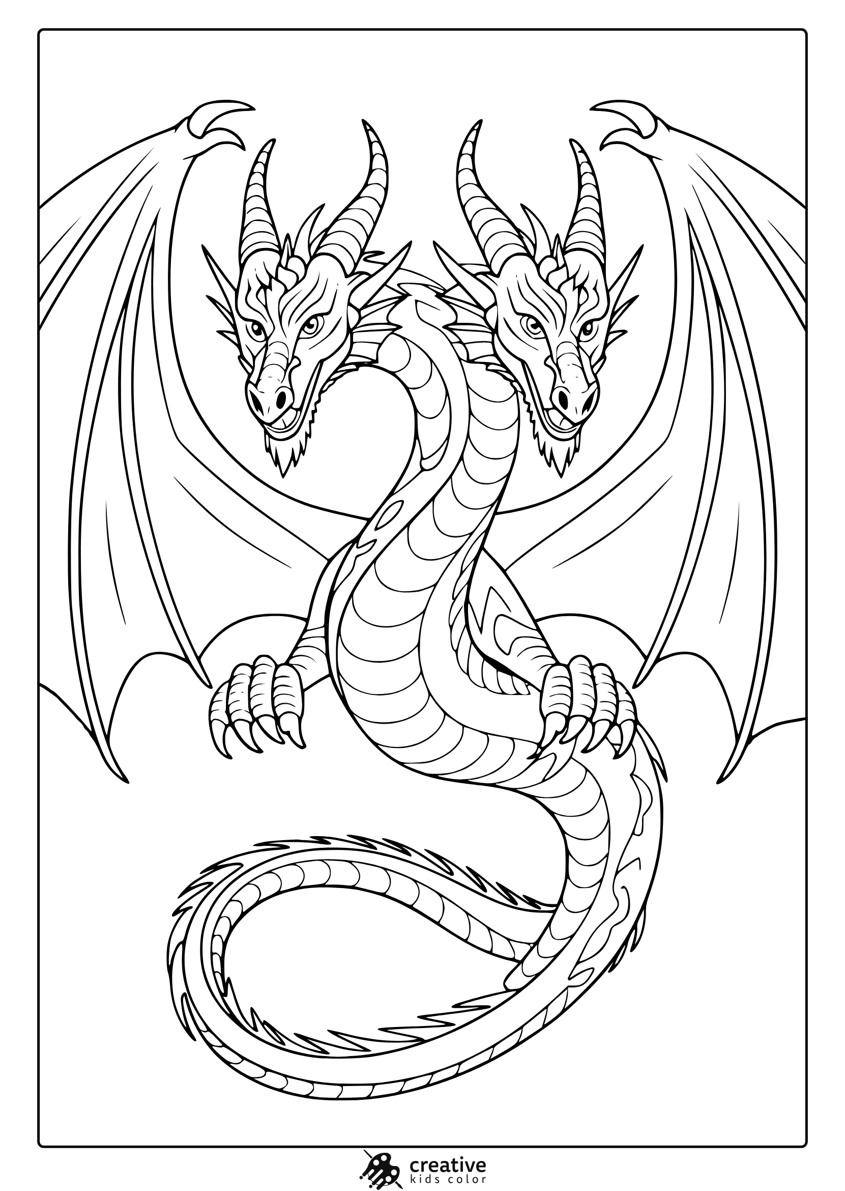 A Two-Headed Dragon Coloring Page Featuring A Symmetrical Dragon With Detailed Scales And An Intense Stance.