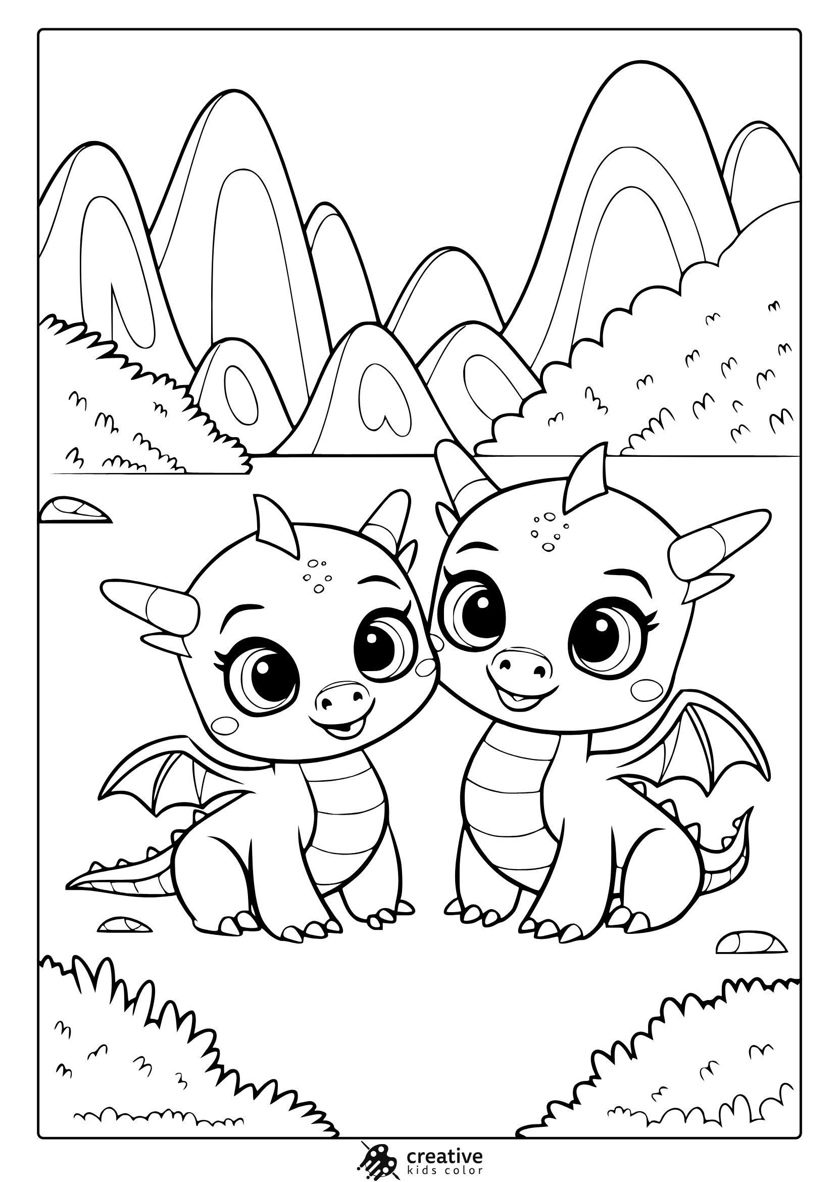 A Dragon Coloring Page With Two Playful Dragons Resting On Grass With Mountains In The Background.